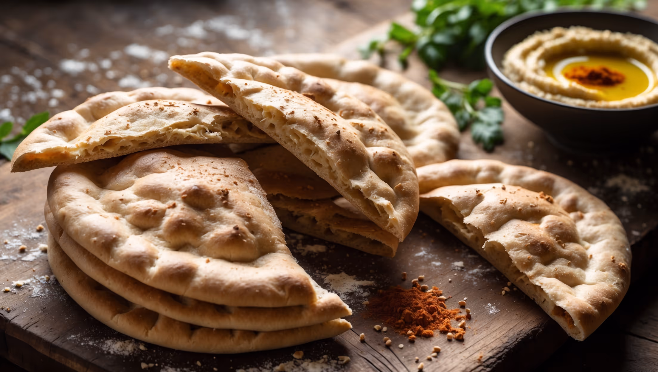 An overhead shot of golden-brown sourdough pita breads stacked on a rustic wooden board, with one broken open to reveal the perfect hollow pocket inside. The warm natural light highlights the subtle blistering on the surface, while scattered flour and a few sesame seeds add artisanal charm. In the background, a bowl of hummus garnished with olive oil and paprika sits alongside fresh herbs and a drizzle of extra virgin olive oil, emphasizing the bread's Mediterranean heritage. The sourdough pita's slightly uneven edges showcase its handmade quality, while steam gently rises from the freshly baked pieces.
