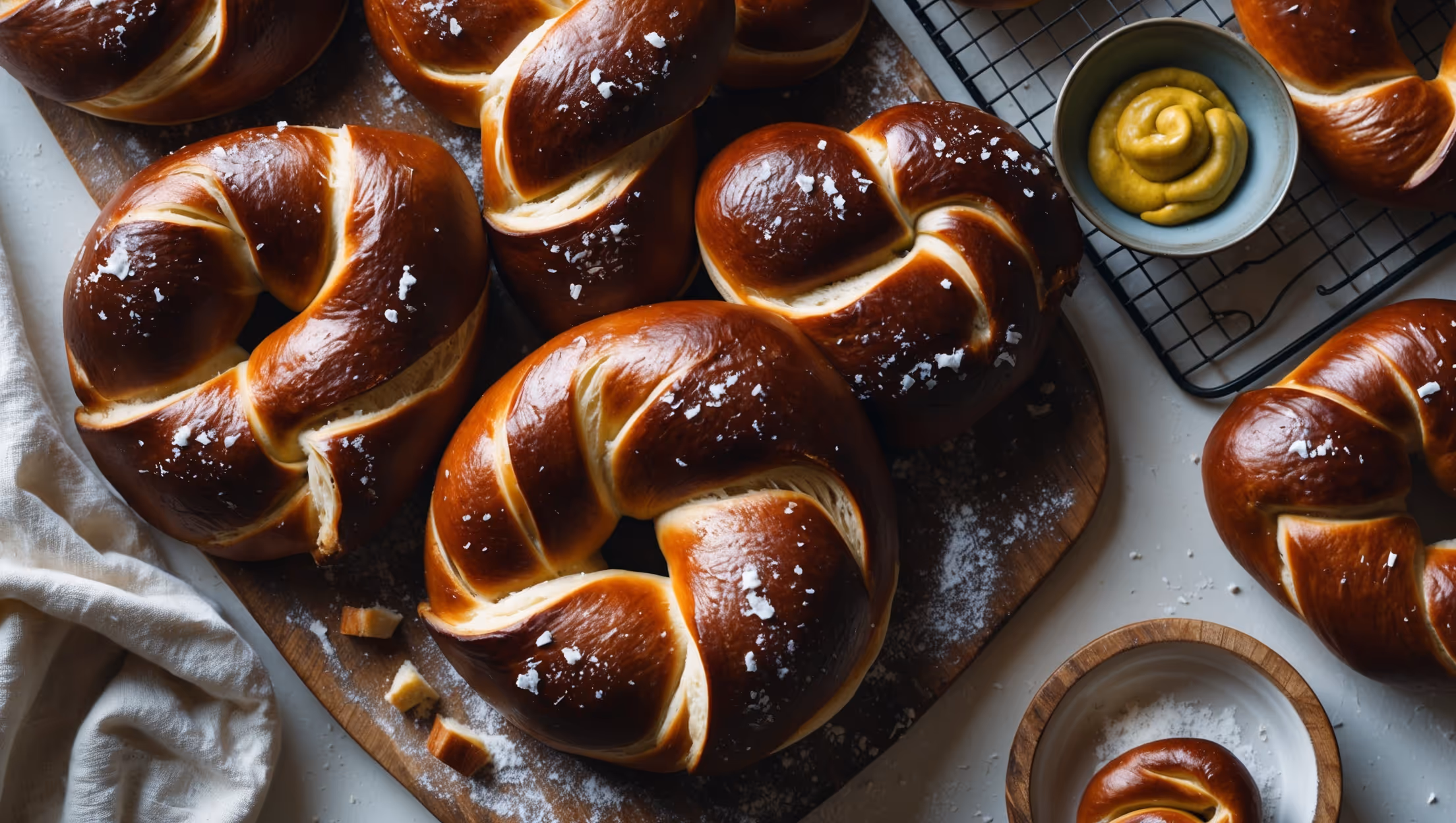 An overhead shot of rustic sourdough pretzels arranged on a weathered wooden board, their deep mahogany surfaces glistening under soft window light. The pretzels showcase perfect classic knots with dramatically expanded slashes revealing pale interiors beneath the shiny, dark exterior. Flakes of sea salt catch the light against the caramelized crust, while a small bowl of whole grain mustard sits nearby. In the background, a cooling rack holds additional pretzels at different angles, demonstrating their perfect rise and structure. A linen towel with flour dusting and scattered pretzel salt complete the artisanal bakery aesthetic.