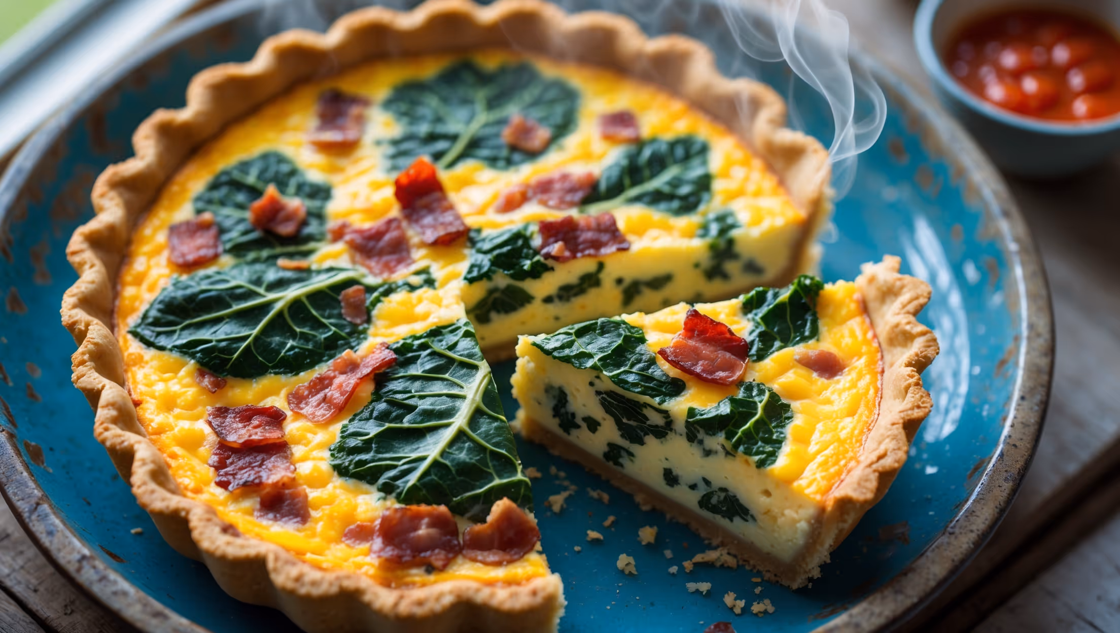An overhead shot of a golden-brown Southern quiche, its slice revealing layers of creamy egg custard studded with bright green collards and specks of crispy bacon. The unique grits crust has a rustic, textured edge that contrasts with the smooth filling. Captured in soft natural light streaming through a farmhouse window, the quiche rests on a weathered blue ceramic plate alongside a small bowl of hot sauce and fresh tomato slices. Steam gently rises from the just-cut slice, highlighting the quiche's warmth, while the surface shows delicate browning where cheese has caramelized during baking.