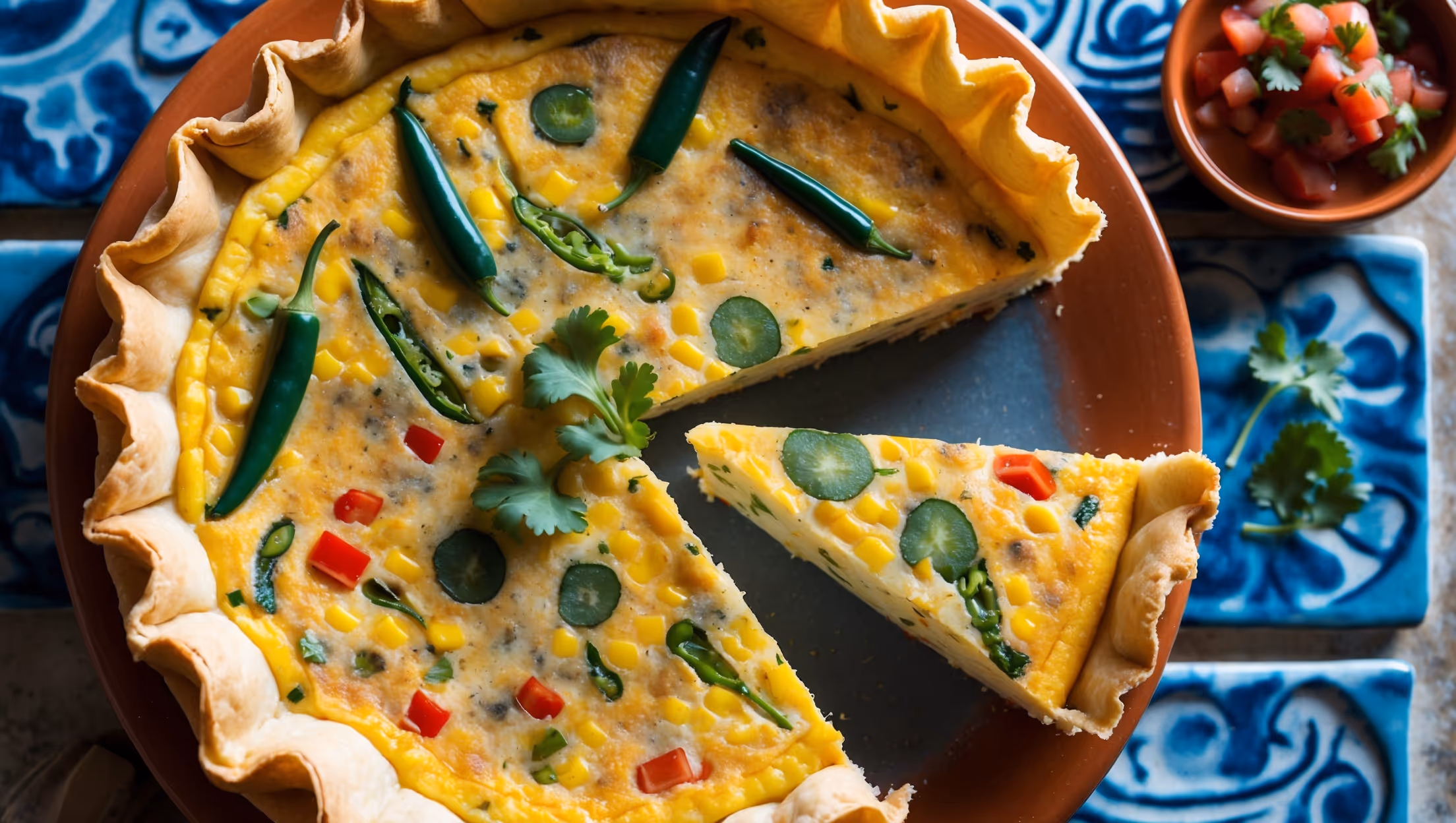 An overhead shot of a golden-brown quiche with a perfectly crimped crust, the surface speckled with vibrant green chilies and yellow corn kernels peeking through a set custard. A slice has been removed revealing the custard's silky texture studded with colorful vegetables and melted cheese. The quiche is positioned on a rustic terracotta serving plate against a backdrop of blue ceramic tiles, with a small bowl of fresh salsa and scattered fresh cilantro leaves adding pops of color. Soft natural light streams in from the side, highlighting the quiche's flaky crust layers and creating gentle shadows that emphasize its depth and texture.