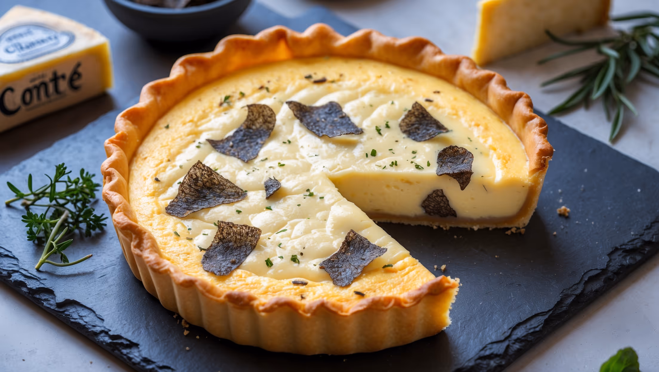 An overhead shot captures a perfectly golden quiche with a flaky, butter-rich crust against a slate serving board. A slice has been removed, revealing the velvety, just-set egg custard studded with melted Comté and delicate black truffle shavings. Soft natural light highlights the contrast between the crisp pastry edge and the silky interior. In the background, a small bowl of additional truffle shavings, a wedge of aged Comté, and fresh herbs add context. The custard's pale yellow color transitions to caramelized edges where cheese has crisped against the crust, while tiny flecks of black truffle are suspended throughout the filling, promising intense flavor in every bite.