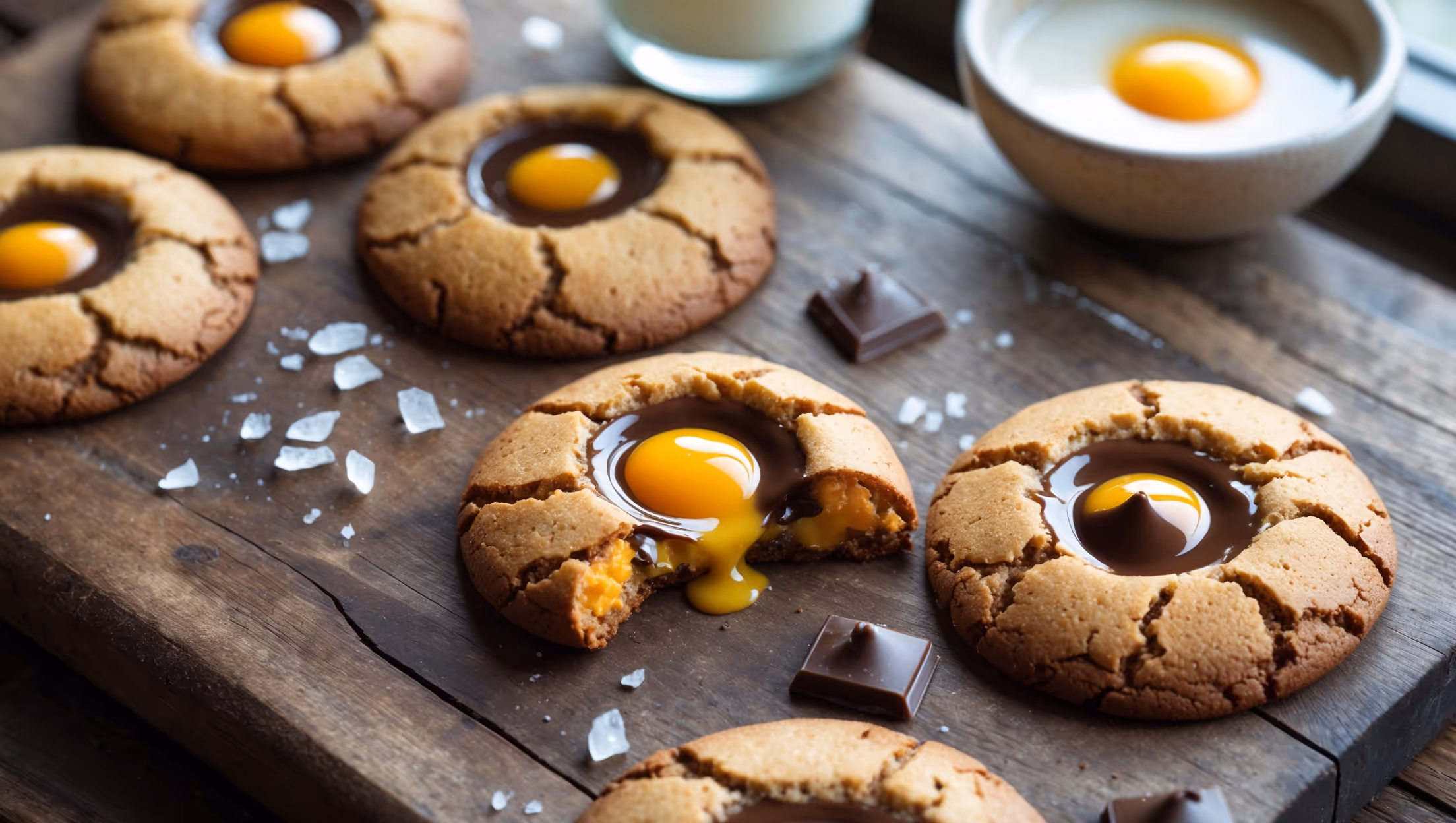 An overhead shot captures a rustic wooden board where several golden-brown cookies rest, their surfaces crackled and studded with pools of melted chocolate chunks. A cross-section view reveals the distinctive gooey center created by the sous vide egg yolk technique. Soft natural light streams in from a nearby window, highlighting the contrast between the crisp cookie edges and the luscious middle. In the background, a glass of milk sits beside a small bowl containing the signature sous vide egg yolks, their vibrant yellow-orange color evident. Scattered around are flakes of sea salt and a few chocolate chunks, while a bite taken from one cookie shows the perfect chewy texture that makes this technique so special.