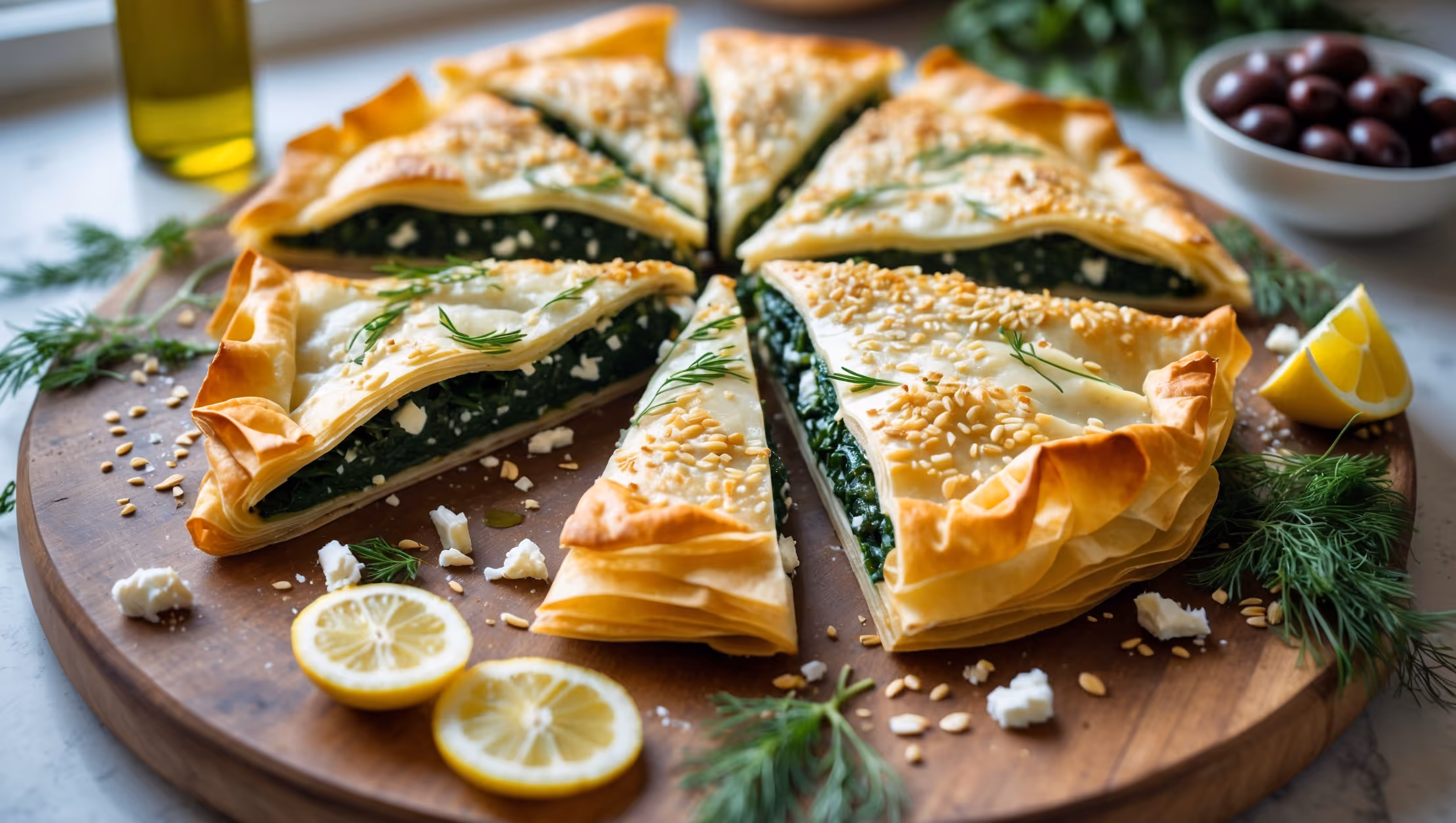 An overhead shot of a golden-brown spanakopita, cut into perfect triangular portions revealing the vibrant green spinach and feta filling between flaky, paper-thin layers of phyllo. Captured in soft natural light streaming through a kitchen window, the pie rests on a rustic olive wood serving board, with fresh dill sprigs, lemon wedges, and crumbled feta scattered artfully around the edges. A light dusting of the remaining sesame seeds catches the light, emphasizing the crackling texture of the pastry, while a cross-section shows the distinct layers of the filling and dough. In the background, a small bottle of Greek olive oil and a bowl of Kalamata olives complement the Mediterranean theme.