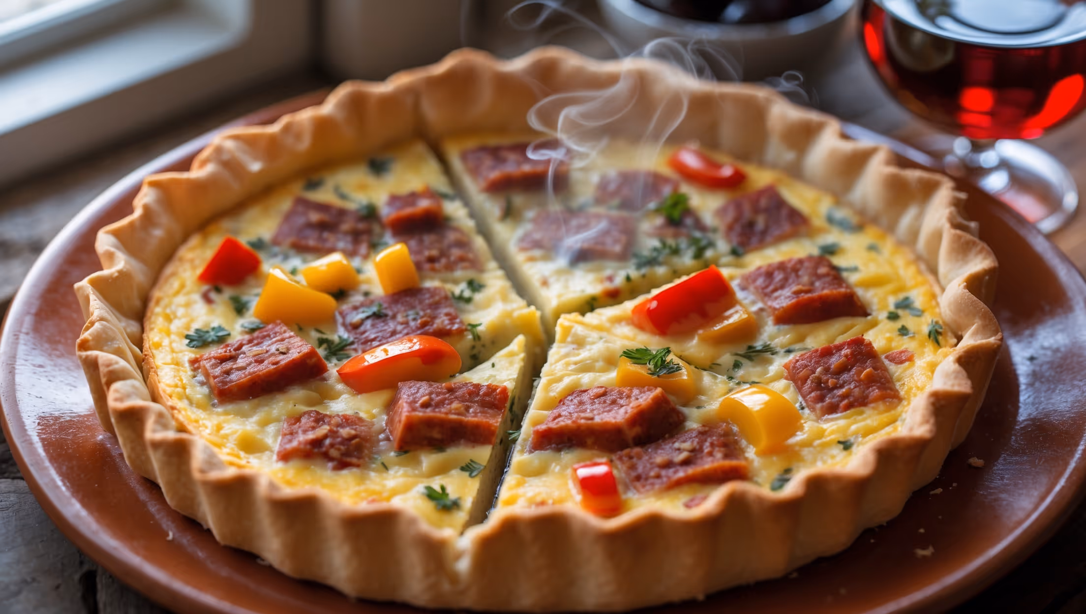 An overhead shot of a golden-brown Spanish quiche with a perfectly crisp pastry edge, showcasing colorful pieces of red and yellow peppers and rustic chunks of chorizo visible on the surface. The cross-section reveals a beautifully set custard interior with layers of ingredients suspended throughout. Captured in soft natural light streaming through a kitchen window, the quiche sits on a rustic terracotta plate alongside a small bowl of olives and a glass of Rioja wine. Steam rises gently from the just-sliced wedge, highlighting the moist, tender texture of the filling, while flecks of fresh herbs provide a vibrant contrast against the rich, savory backdrop.