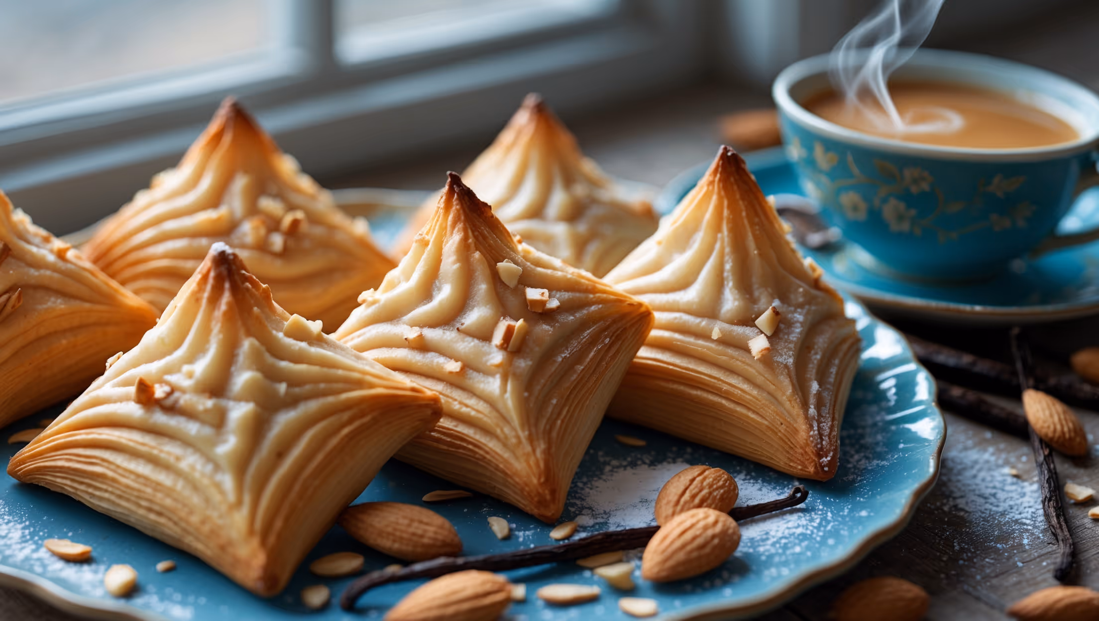 A close-up shot of diamond-shaped Spandauer pastries with their signature folded corners revealing rich vanilla custard centers, captured in soft morning light streaming through a kitchen window. The pastries display perfect golden-brown laminated layers with a glossy finish from the almond glaze drizzled across the top. Small flaked almonds create texture against the smooth custard, while some pastries are artfully arranged on a vintage blue ceramic plate alongside a steaming cup of coffee, with scattered vanilla beans and a dusting of powdered sugar adding depth to the composition.