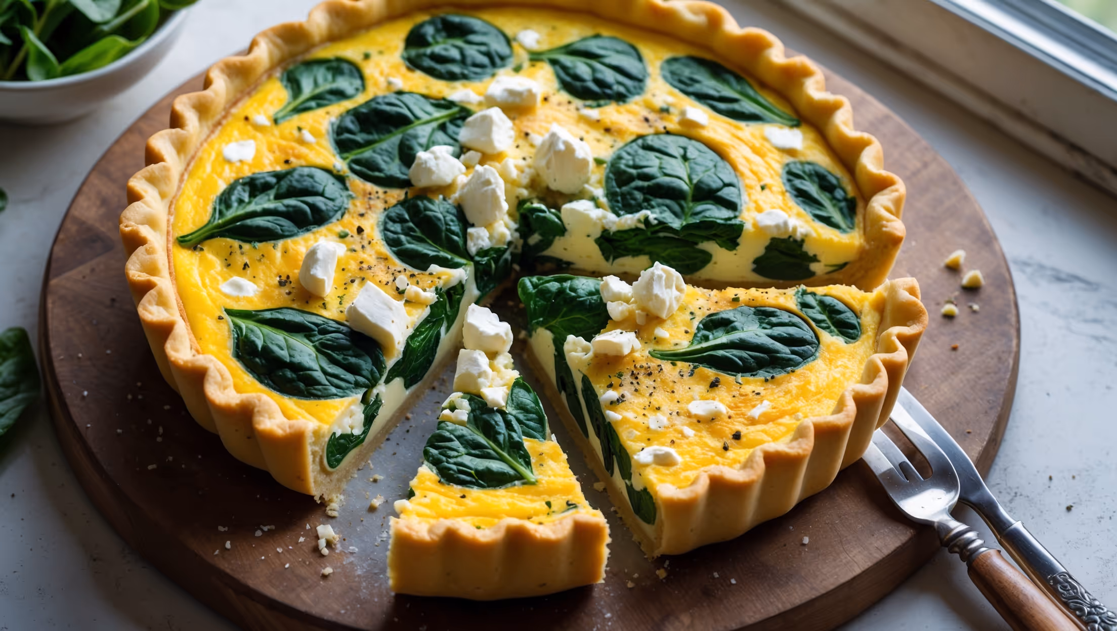 Overhead shot of a golden-brown Spinach and Feta Quiche with a perfectly crimped crust, captured in gentle natural light streaming through a kitchen window. The slice being removed reveals a vibrant cross-section where emerald spinach pieces and white crumbles of feta are suspended in a creamy yellow custard. Small droplets of moisture from the just-baked filling glisten on the surface, while scattered fresh herbs and a light dusting of black pepper provide visual contrast. The quiche rests on a rustic wooden board alongside a small bowl of dressed greens and a vintage fork, creating a casual yet elegant brunch scene that highlights the quiche's delicate texture and savory appeal.
