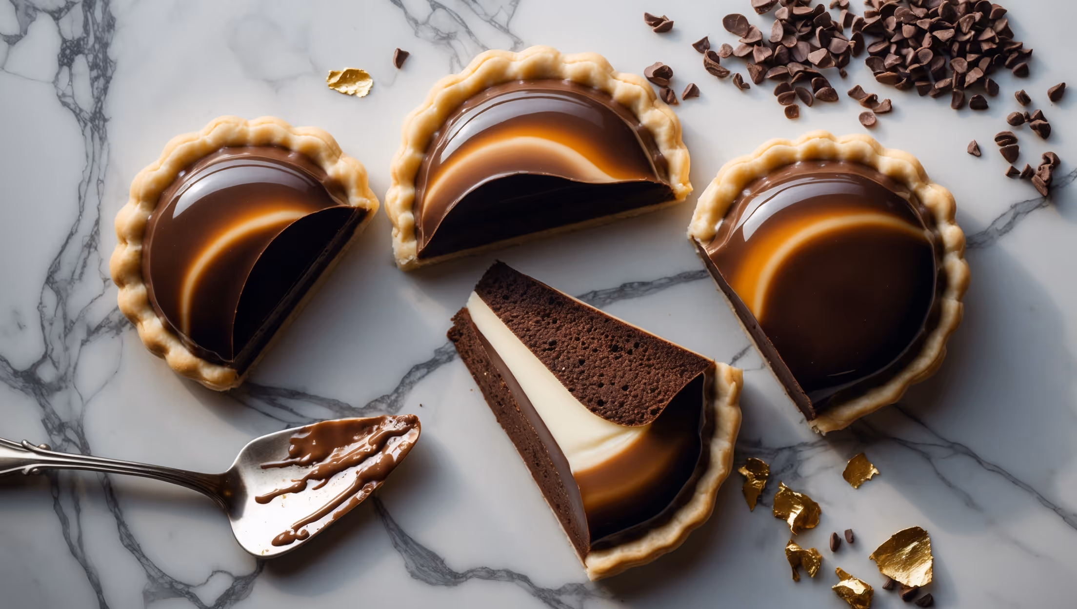 An overhead shot captures a marble countertop displaying three glazed chocolate hand pies arranged in a diagonal line, each with a perfect half-moon shape and mirror-like finish that reflects studio lighting with an iridescent shimmer. A cross-section view reveals the stunning temperature gradient inside—dark chocolate ganache transitioning to milk chocolate and then white chocolate layers in perfect definition. The glossy mirror glaze ranges from deep espresso to caramel tones, creating visual drama against the backdrop of scattered cocoa nibs and gold leaf accents. A vintage silver cake server rests nearby, with traces of chocolate on its edge suggesting the irresistible texture waiting inside each pie.
