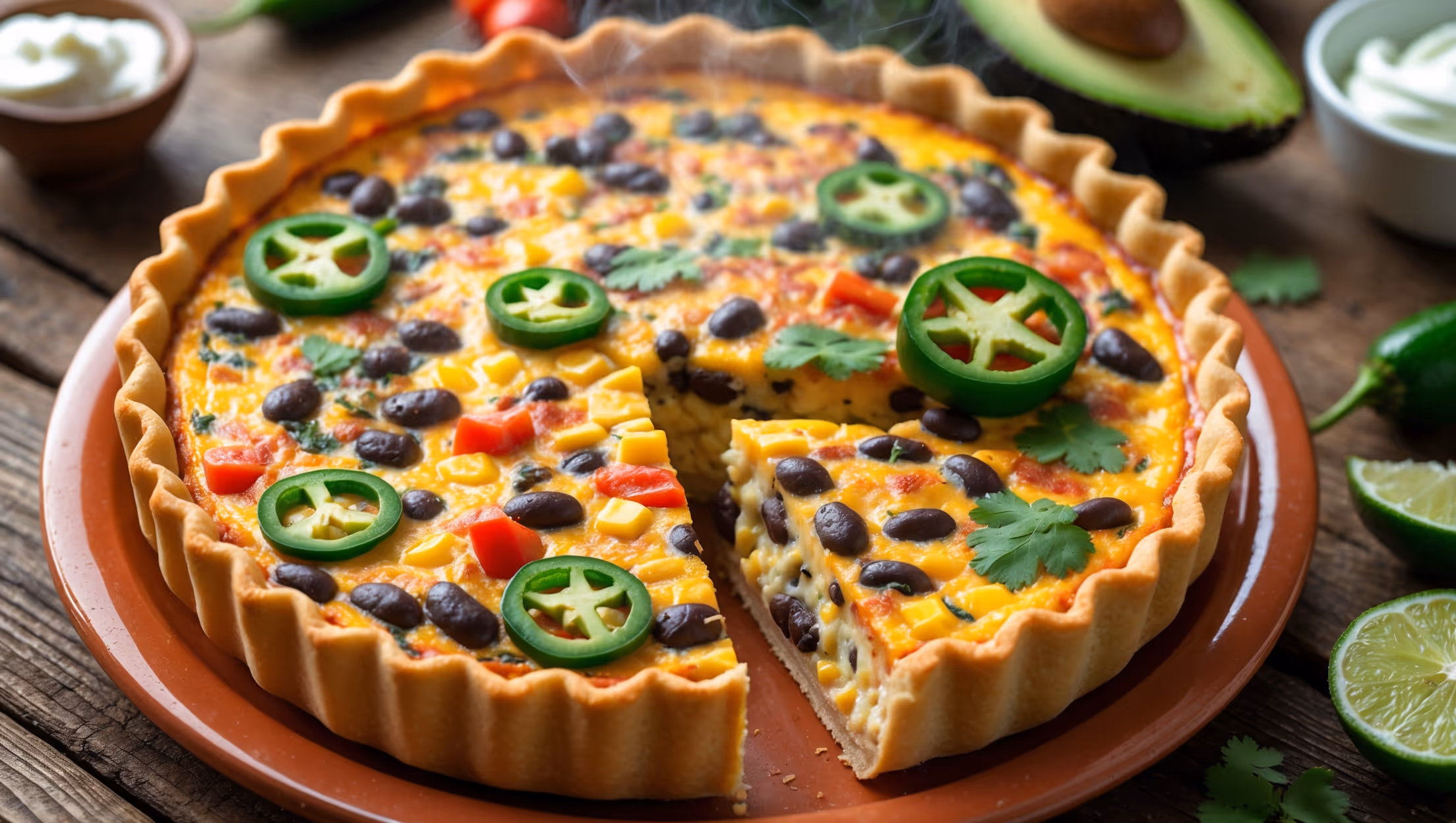 An overhead shot of a golden-brown Tex-Mex quiche with a perfectly crimped crust, showcasing colorful ingredients peeking through the surface—vibrant jalapeño slices, black beans, and melted cheese marbled throughout the custard filling. Captured in bright natural light on a rustic terracotta serving plate, the cross-section reveals layers of fluffy egg custard studded with colorful peppers, corn kernels, and black beans. Steam rises gently from the just-cut slice, highlighting the quiche's warmth, while a sprinkle of fresh cilantro and a side of avocado slices add contrasting green notes. The wooden table beneath features scattered ingredients—whole jalapeños, lime wedges, and a small bowl of sour cream—hinting at the Southwestern flavor profile.