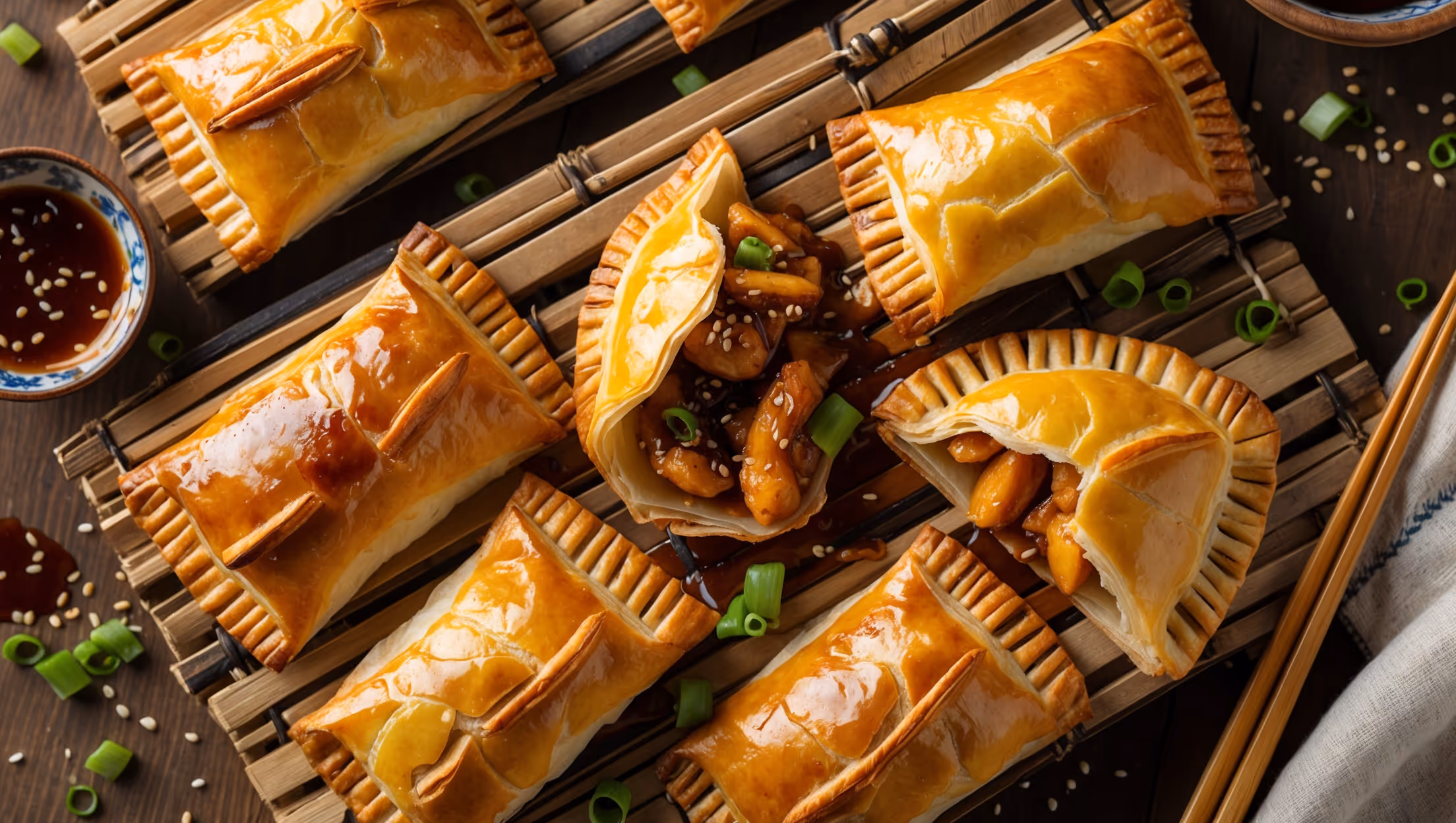 An overhead shot showcases six golden-brown hand pies arranged on a rustic bamboo serving board, with one cut open to reveal the steaming teriyaki chicken filling glistening with savory sauce. Shot in warm natural light, the composition highlights the flaky pastry layers and caramelized edges against a backdrop of scattered sesame seeds and chopped green onions. A small ceramic bowl of additional teriyaki sauce sits nearby for dipping, while chopsticks and a linen napkin add cultural context. The cross-section reveals juicy chicken pieces coated in the glossy, umami-rich sauce, with visible flecks of ginger and bright green scallions creating texture and color contrast against the buttery golden pastry.