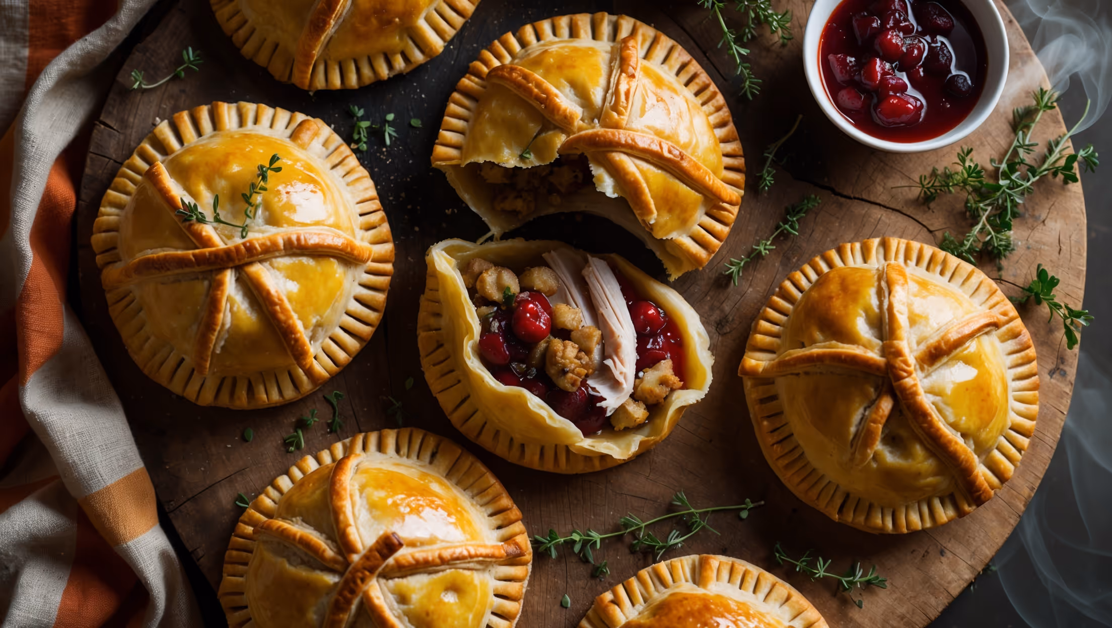 Overhead shot of golden-brown hand pies arranged on a rustic wooden board, with one pie broken open to reveal a colorful filling of turkey, stuffing, and cranberry sauce. The pastry showcases perfect flaky layers with a glistening egg wash finish, while a sprinkle of fresh thyme adds a pop of green. A small bowl of gravy for dipping sits nearby, its rich color contrasting with the warm-toned pies. The scene is captured in cozy natural light that highlights the steam rising from the freshly baked treats, with a fall-colored linen napkin and scattered herbs completing the composition.