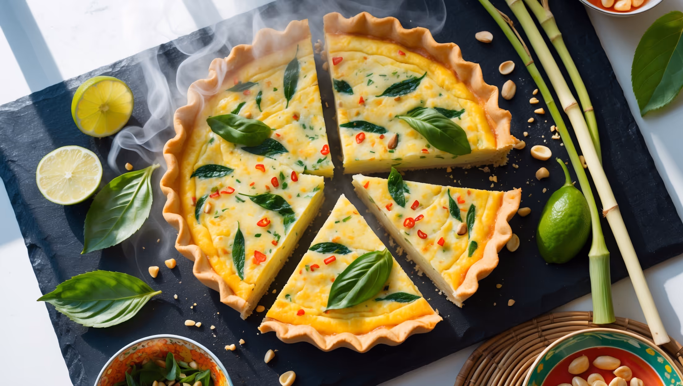 An overhead shot of a golden-brown quiche with a perfectly flaky crust, captured in bright natural light streaming through a kitchen window. The cross-section reveals a creamy pale yellow filling speckled with vibrant green herbs and red chili flecks. Wisps of steam rise from the freshly cut slice, set against a dark slate serving board. Garnishes of fresh lime wedges, lemongrass stalks, and Thai basil leaves are artfully arranged around the quiche, while a sprinkle of crushed peanuts adds texture. The styling incorporates small bowls of colorful Thai condiments and a woven bamboo placemat that complements the fusion nature of the dish.