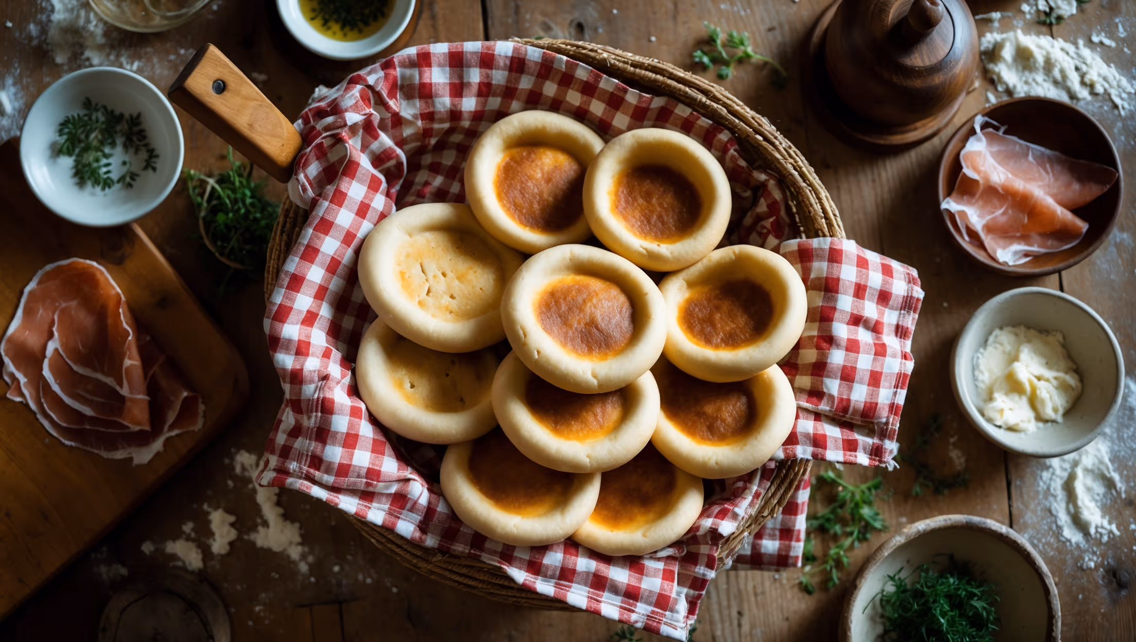Overhead shot of golden-brown tigelle stacked in a rustic woven basket lined with a red and white checkered cloth, with some flatbreads split open to reveal their soft, airy interior. The scene is bathed in warm natural light streaming through a window, highlighting the slight sheen on the surface of each disc-shaped bread. Surrounding the basket are small dishes of traditional accompaniments - thinly sliced prosciutto, soft stracchino cheese, and a small bowl of herb-infused lard. A wooden tigelle press sits nearby, adding authenticity to the composition, while scattered herbs and a light dusting of flour on a worn wooden table complete this quintessential Italian country kitchen scene.