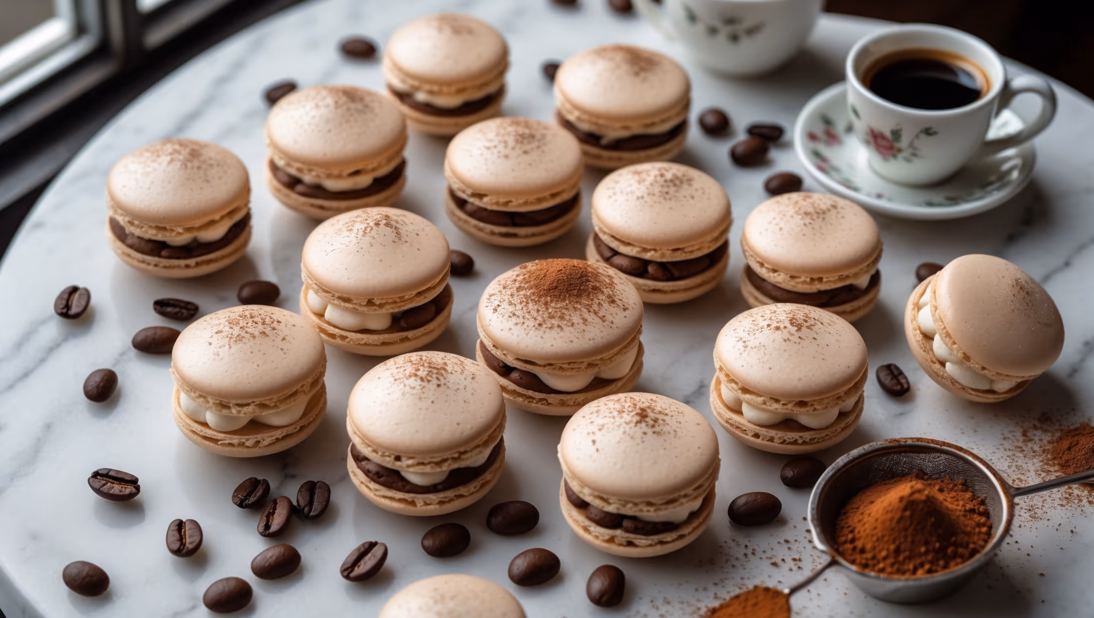 An overhead shot showcases a dozen perfectly formed tiramisu macarons arranged in a spiral on a white marble surface, with soft window light highlighting their smooth tops and frilly feet. A close-up reveals the delicate beige shells dusted with fine cocoa powder, while a cross-section exposes the creamy mascarpone filling speckled with espresso. Several macarons are propped against vintage espresso cups filled with dark coffee, and scattered coffee beans and a small sifter with cocoa powder complete the composition. The contrast between the pale shells and rich filling mirrors the sophisticated layers of a traditional tiramisu, with the sheen of the filling catching the light beautifully.