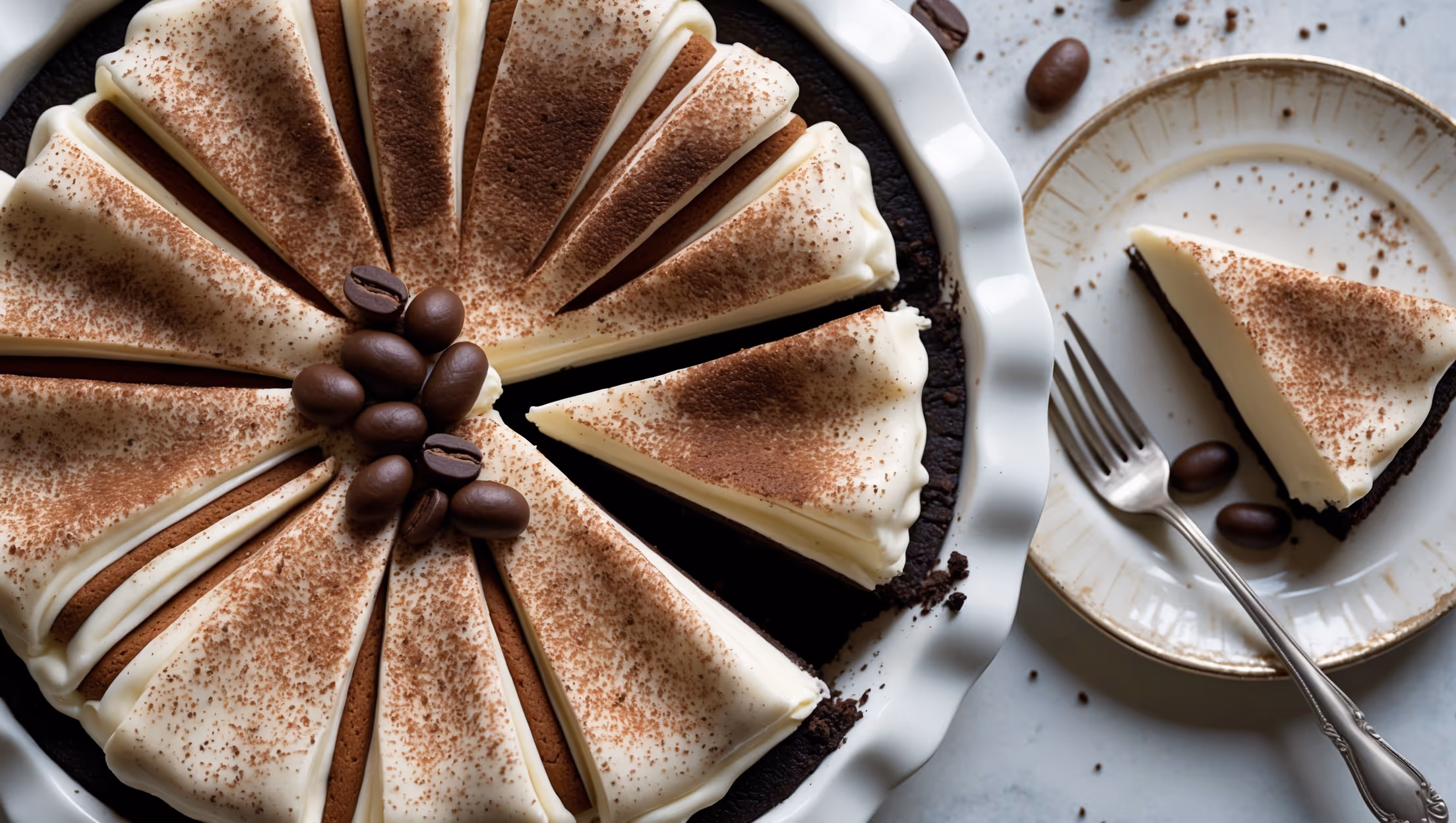 An overhead shot of a perfectly sliced tiramisu cream pie, revealing distinct creamy layers against a deep chocolate cookie crust. The cross-section displays coffee-soaked ladyfingers nestled within velvety mascarpone filling, all crowned with a generous dusting of cocoa powder creating a beautiful color contrast. Soft natural light catches the silky texture of the filling, while the pie sits atop a white ceramic cake stand garnished with chocolate-covered espresso beans and a few fresh coffee beans. A silver dessert fork rests beside a slice on a vintage plate, with tiny flecks of chocolate shavings scattered artfully around the composition.