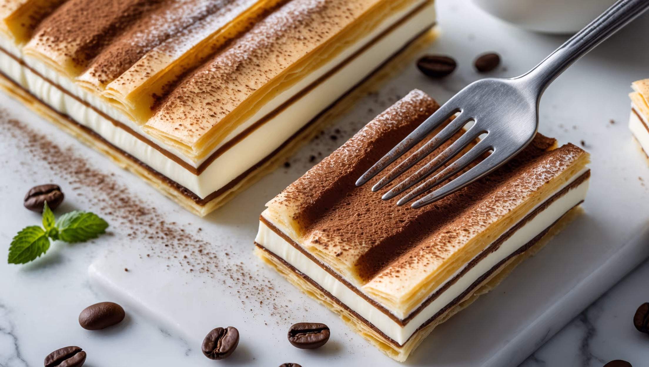 An overhead shot showcases the rectangular Tiramisu Mille-Feuille with perfectly even layers visible from its cleanly sliced edge. Soft natural light highlights the contrast between golden puff pastry and creamy mascarpone filling, while a dusting of cocoa powder creates a velvety dark finish. Close-up details reveal the flaky texture of the pastry against the smooth coffee-infused cream. The dessert rests on a white marble surface with scattered coffee beans, a small espresso cup, and sprigs of mint providing context. A dessert fork pierces one corner, revealing the distinct layers and demonstrating the perfect balance of structure and creaminess.