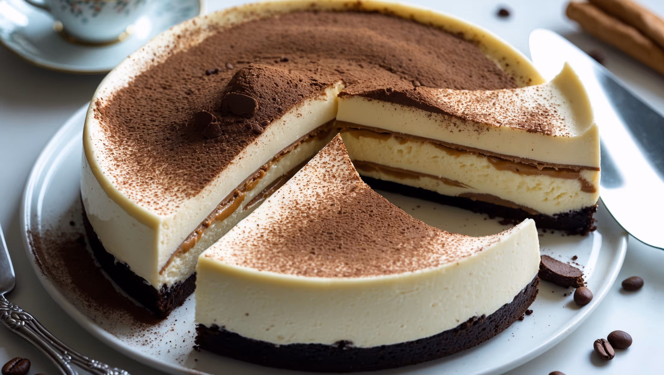 An overhead shot of a perfectly sliced tiramisu cheesecake revealing distinct creamy layers atop a chocolate cookie crust, with a dusting of cocoa powder creating beautiful contrast against the pale cheesecake surface. The cross-section displays the coffee-soaked ladyfinger layer nestled between creamy mascarpone filling. Captured in soft natural light that highlights the velvety texture and glossy coffee-infused topping. The slice rests on an elegant white ceramic plate alongside a vintage espresso cup and scattered coffee beans, with a silver cake server positioned nearby ready for serving.