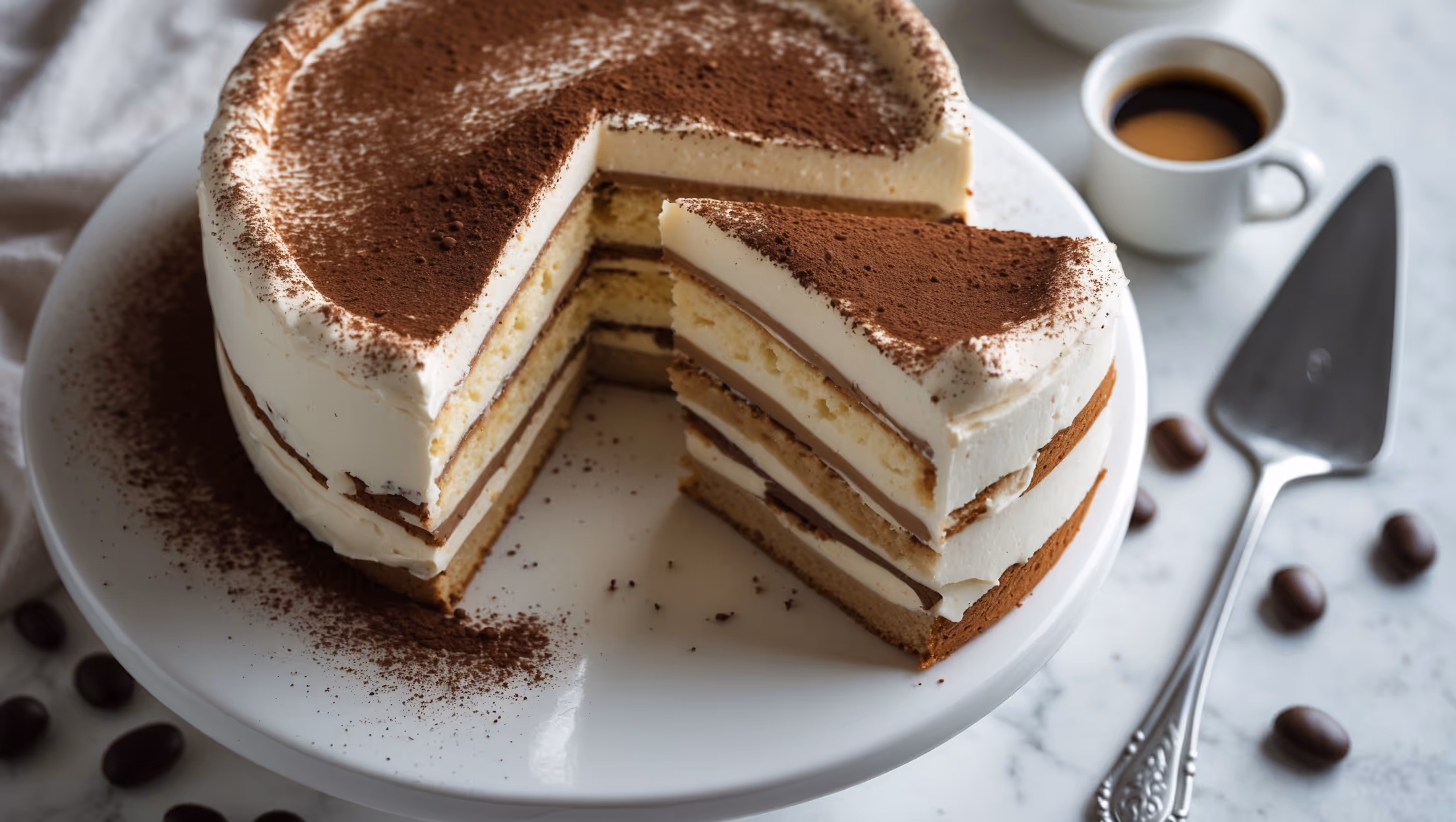 An overhead shot of a three-layer tiramisu cake on a white ceramic cake stand, with one perfect slice cut to reveal the striking contrast between the coffee-soaked sponge layers and cloud-like mascarpone cream. Soft natural light highlights the delicate cocoa powder dusting on top, with some powder artfully scattered around the base. A small espresso cup and a few chocolate-covered coffee beans rest beside the cake, while a silver cake server waits nearby. The cake's cross-section shows the perfect definition between the moist, coffee-infused sponge layers and the creamy mascarpone filling, with a hint of coffee syrup soaking visible at each layer's edge.