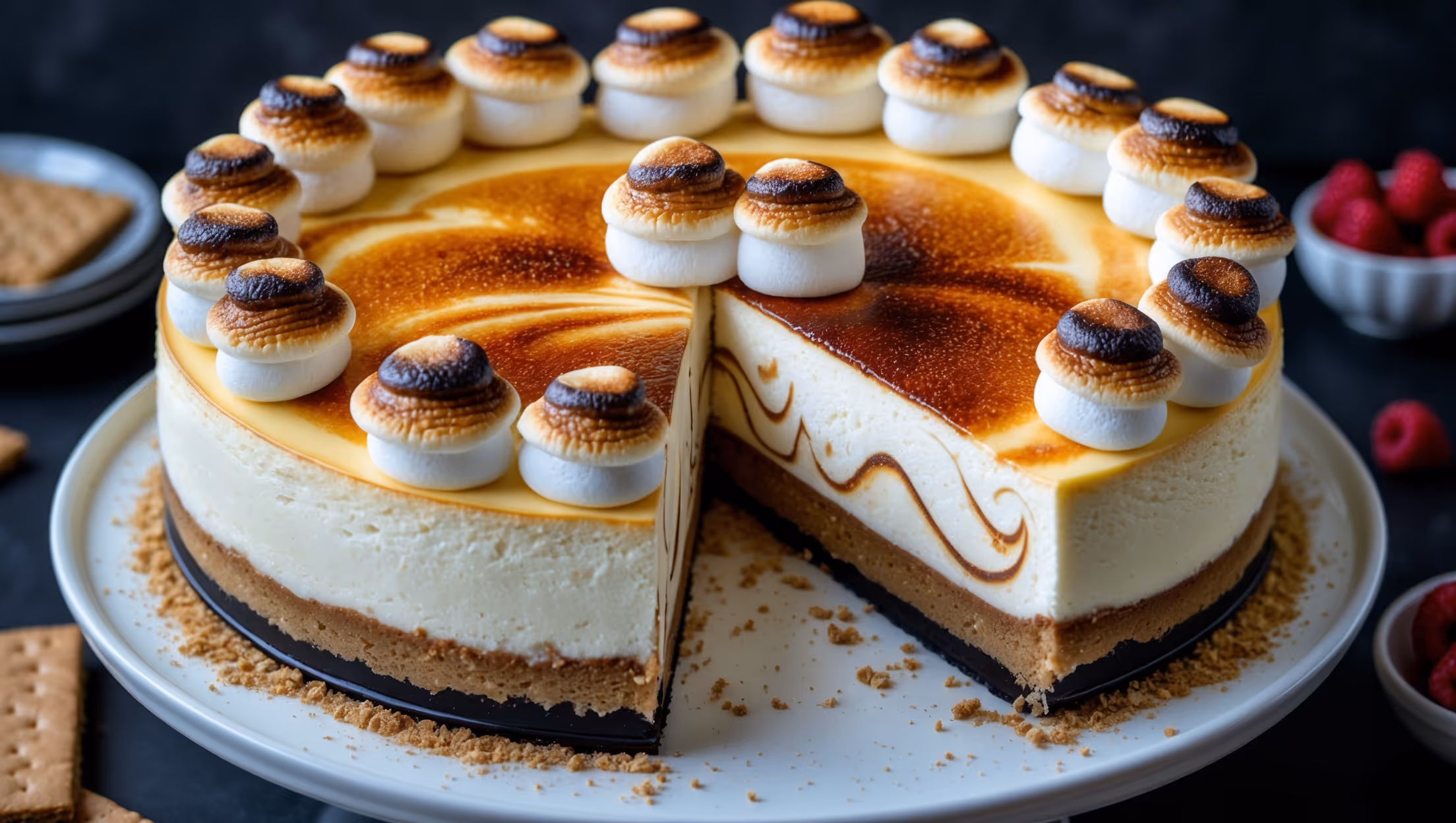 An overhead shot of a perfectly set cheesecake with a crown of golden-brown toasted marshmallows, some edges delicately charred to create visual contrast. Soft natural light catches the glossy, caramelized tops of the marshmallows while highlighting the creamy vanilla-flecked texture of the cheesecake below. The cross-section reveals three distinct layers: a buttery graham cracker crust, a velvety smooth cheesecake center, and the toasted marshmallow topping. Served on a white ceramic cake stand against a dark backdrop, with a slice being pulled away to showcase the marbled swirls where marshmallow has slightly melted into the top layer of cheesecake. A dusting of graham cracker crumbs surrounds the base, with a small bowl of fresh berries nearby for color contrast.
