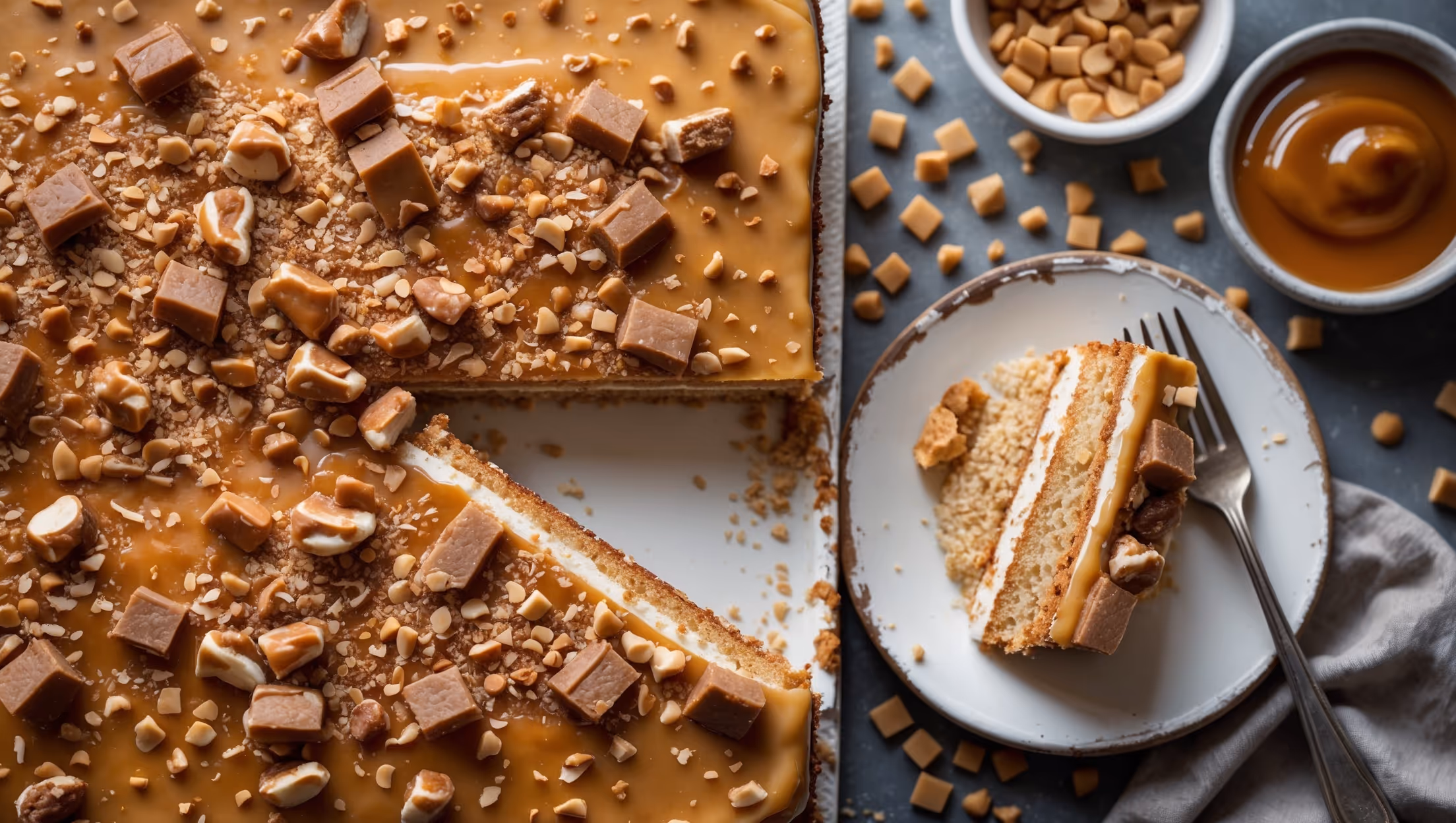 An overhead shot of the Toffee Crunch Sheet Cake reveals its golden-brown surface dotted with glistening toffee pieces and chopped nuts. Soft natural light highlights the silky caramel frosting that drips slightly over the edges. A cross-section view displays the moist, tender crumb interior against the crunchy toffee layer. The cake sits on a vintage white cake stand surrounded by scattered toffee bits and a small bowl of caramel sauce. A slice has been removed, showing the perfect layers and inviting texture, with a fork resting nearby suggesting immediate enjoyment.