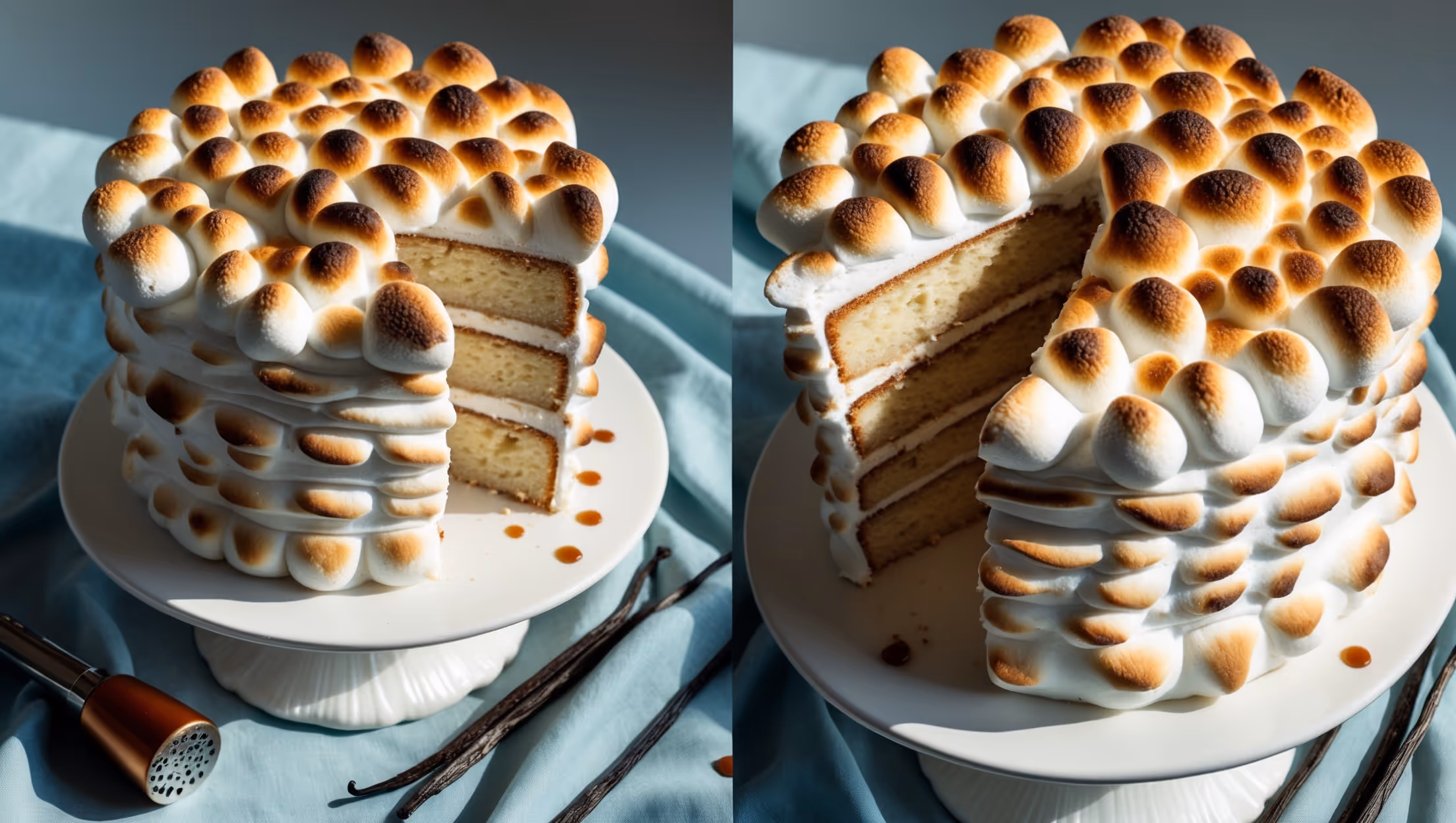 An overhead shot showcases this stunning three-tiered cake with its golden-brown toasted marshmallow exterior, the peaks and swirls creating dramatic shadows in the soft natural light. A cross-section view reveals the contrast between the moist vanilla cake layers and cloud-like marshmallow filling. The cake sits atop a white ceramic cake stand against a pale blue linen, with scattered vanilla beans and a kitchen torch artfully placed nearby. The caramelized marshmallow exterior glistens with a subtle sheen, showing varying shades from light golden to deep amber, highlighting the careful toasting technique that gives this cake its signature appeal.