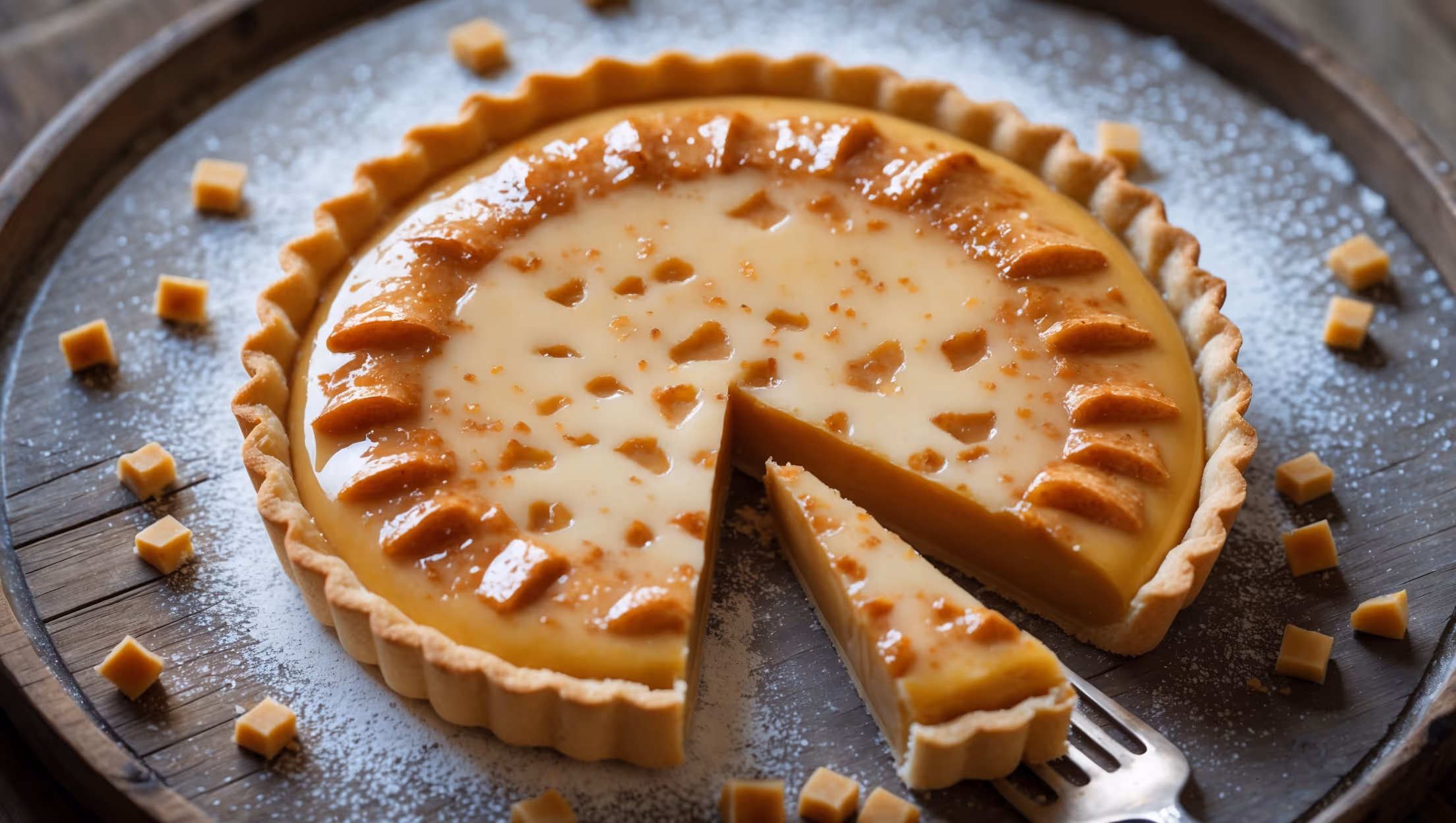 An overhead shot captures a perfectly golden Toffee Custard Tart with a beautifully crimped edge, the surface featuring a caramelized, slightly crackled top that glistens under soft natural light. A cross-section reveals the distinct layers - crisp, flaky pastry supporting a luscious, amber-hued custard filling speckled with toffee pieces. The tart rests on a weathered wooden serving board, with a dusting of powdered sugar and scattered toffee pieces creating visual interest. A vintage dessert fork rests alongside, with a single slice removed to showcase the silky, wobbly texture of the custard that's just firm enough to hold its shape when cut.