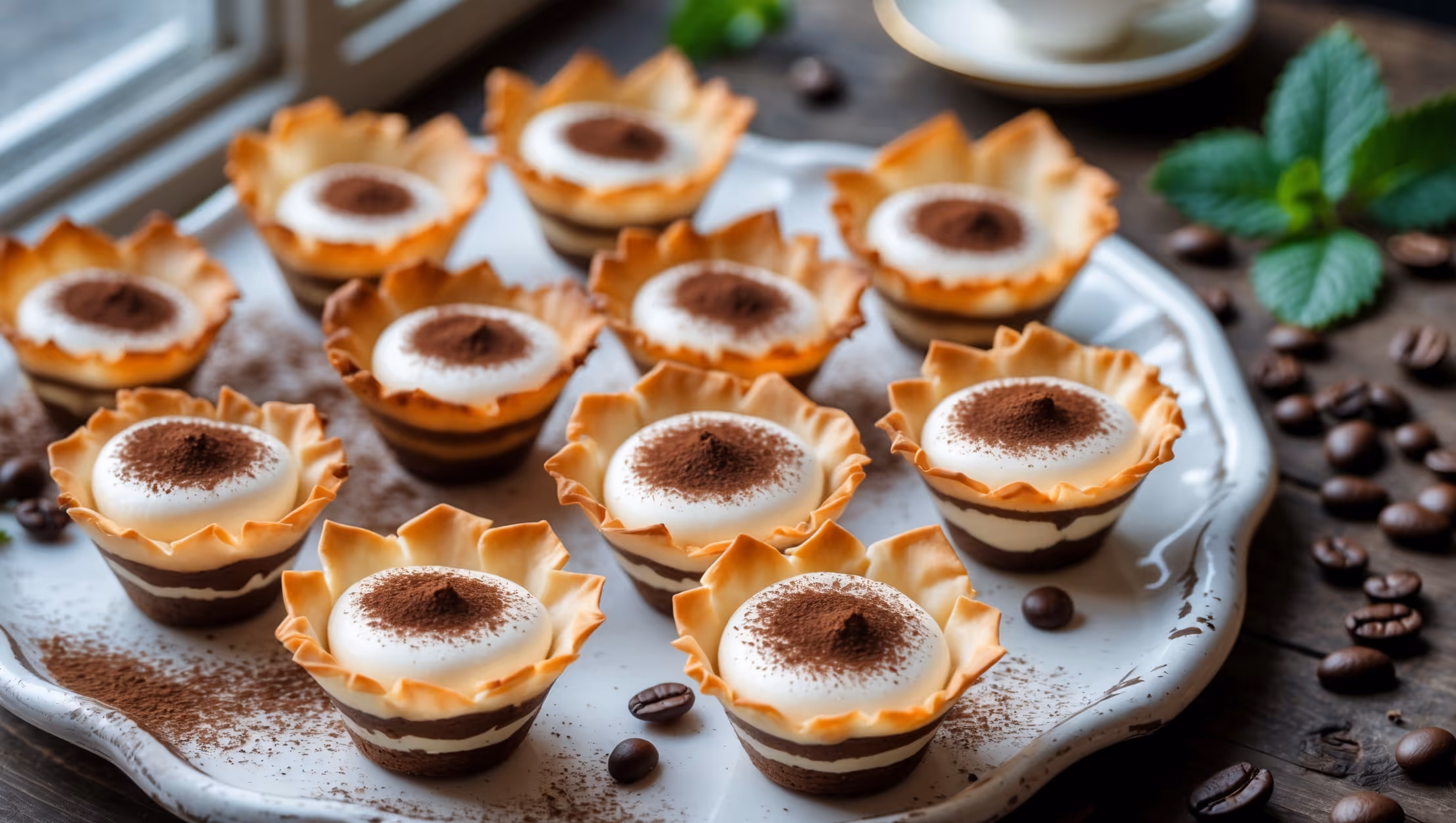 An overhead shot of elegant mini tiramisu phyllo cups arranged on a vintage white serving platter, their golden, flaky edges contrasting with the creamy mascarpone filling. Natural window light accentuates the texture of the crisp phyllo shells and highlights the velvety swirls of cream. A light dusting of rich cocoa powder creates a beautiful color contrast against the pale filling. In the background, scattered coffee beans, a small espresso cup, and fresh mint leaves provide context and depth. A cross-section view reveals distinct layers within each cup—the crispy phyllo base, coffee-soaked lady finger crumbs, and pillowy mascarpone cream—showcasing the perfect miniature construction of this classic Italian dessert.