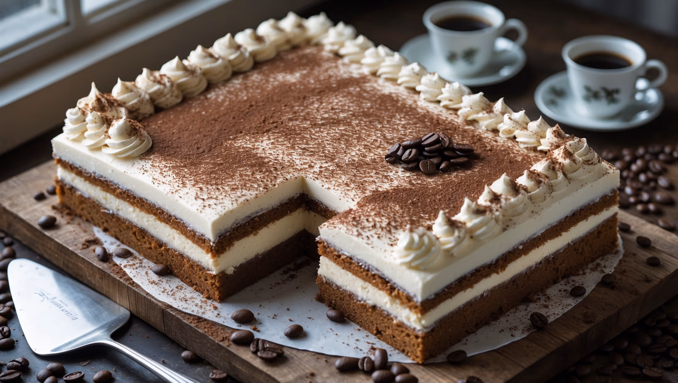 An overhead shot of the tiramisu sheet cake displays a perfectly rectangular dessert with a velvety mascarpone frosting swirled across the top, lightly dusted with cocoa powder creating an elegant contrast. A cross-section reveals moist coffee-soaked cake layers interspersed with creamy filling. The cake sits on a rustic wooden serving board alongside a vintage coffee cup and scattered coffee beans, with a few chocolate shavings artfully placed on top. Soft window light highlights the textural details of the frosting and the rich cocoa dusting, while a silver cake server rests nearby, ready to portion this Italian-inspired dessert.