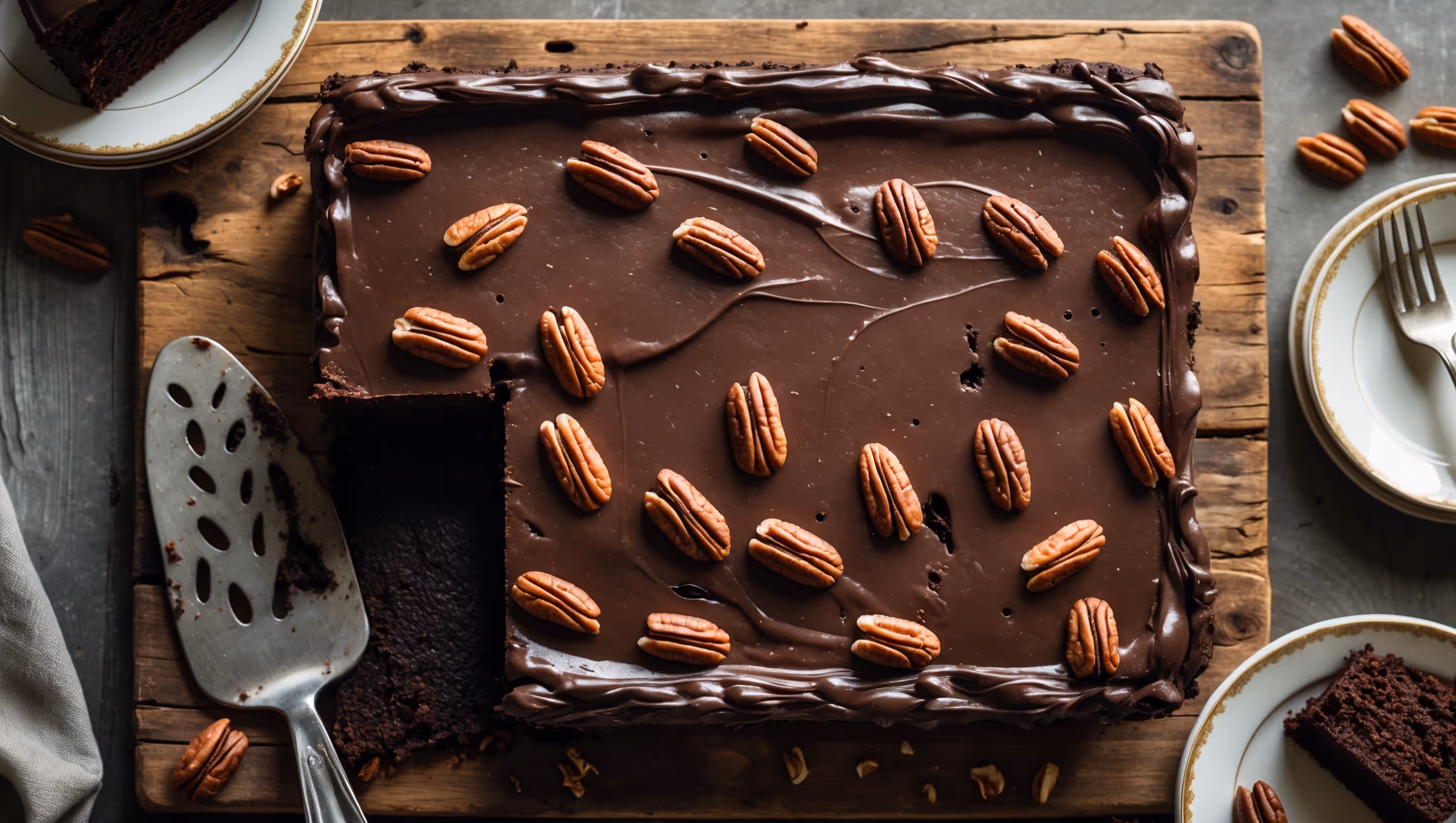 An overhead shot of a rectangular dark chocolate sheet cake on a rustic wooden serving board, with one corner piece cut to reveal the moist, dense crumb. The cake is covered with a glossy, slightly set chocolate frosting that drips slightly over the edges, and topped with a scattering of toasted pecans. Natural window light highlights the sheen of the frosting, while a vintage cake server rests nearby alongside small plates with slices. The rich dark brown of the cake contrasts beautifully with the serving board, and a few pecan halves are artfully scattered around the display.