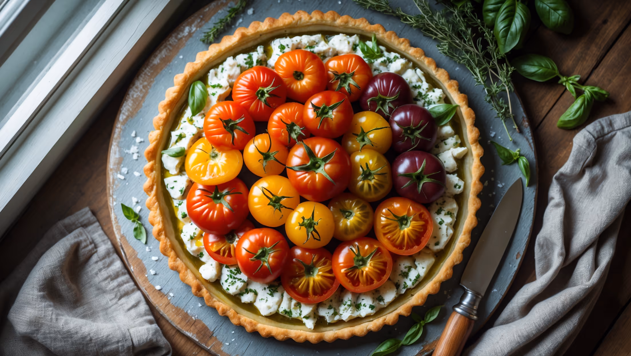 Overhead shot of a round tomato tart on a weathered wooden board, showcasing concentric circles of multicolored heirloom tomatoes (ruby red, sunny yellow, and deep purple) arranged in an overlapping pattern atop a bed of herb-flecked goat cheese. Soft natural light streams in from a side window, highlighting the glistening tomatoes dressed with olive oil and the perfectly golden, flaky pastry edge. Fresh thyme sprigs and scattered basil leaves provide vibrant green accents, while sea salt flakes catch the light like tiny crystals. A kitchen towel in muted linen extends beneath one corner, and a small wooden serving knife rests nearby, suggesting immediate enjoyment.