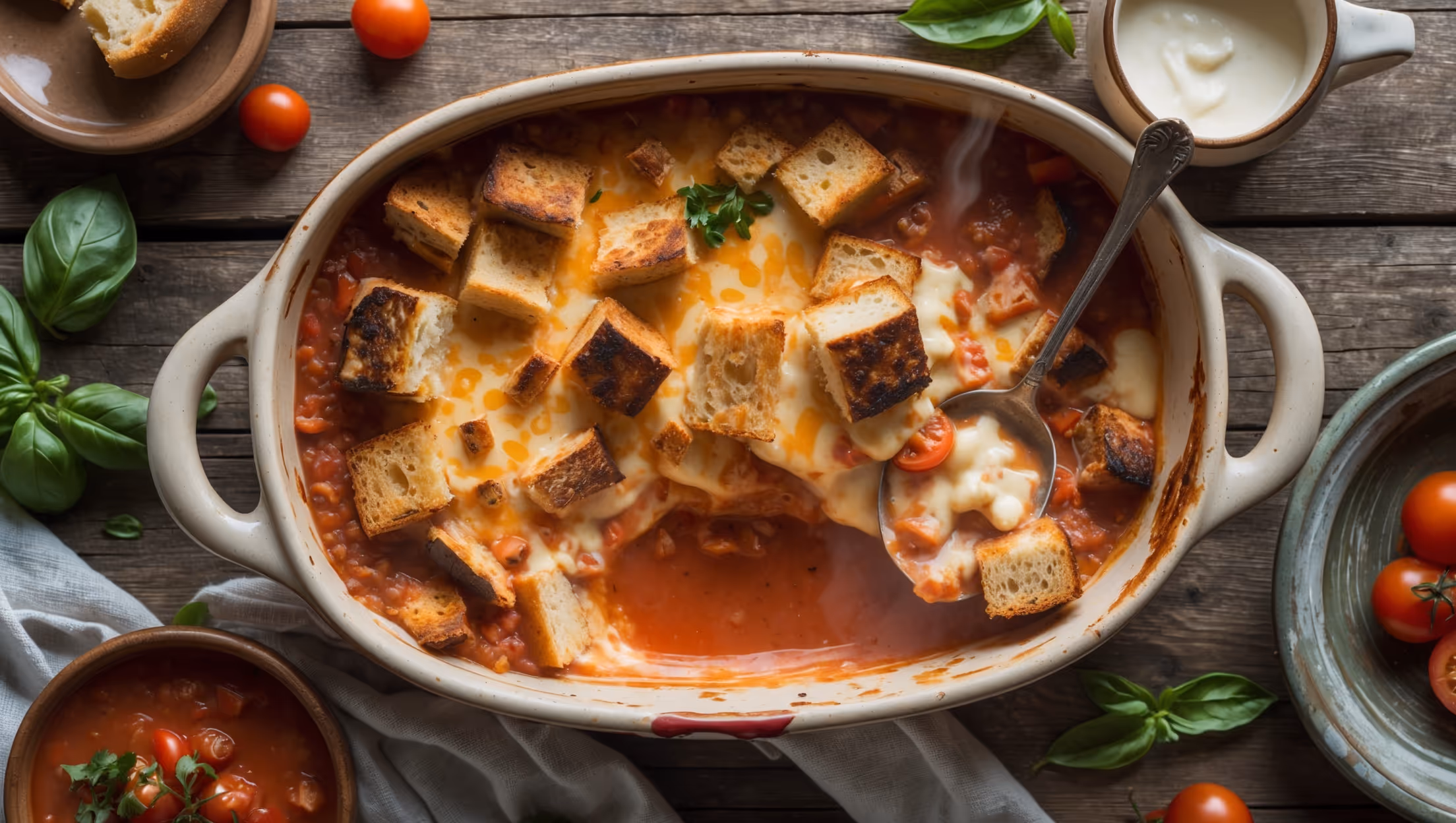 An overhead shot of a rustic ceramic baking dish filled with the bubbling Tomato Soup and Grilled Cheese Casserole, showcasing the golden-brown cheesy top with hints of toasted bread cubes peeking through the rich red tomato base. Soft natural light highlights the steam rising from the just-served portion where a serving spoon has revealed the casserole's layers - creamy tomato soup, melty cheese pulls, and bread cubes that have soaked up the savory liquid while maintaining their structure. The dish sits on a weathered wooden table alongside small bowls of fresh basil and a pitcher of cream, with scattered cherry tomatoes and cheese crumbles adding pops of color to the rustic presentation.
