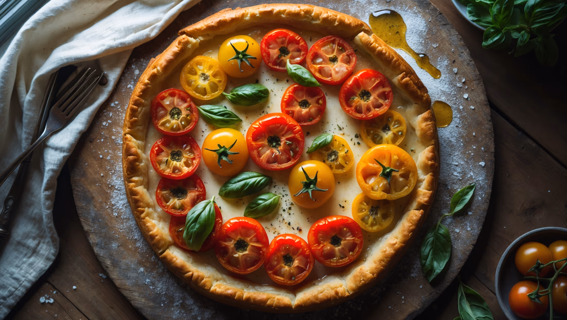 An overhead shot of a rustic circular Tomato Tart resting on a weathered wooden board, the golden-brown shortcrust pastry contrasting with vibrant red and yellow heirloom tomatoes arranged in concentric circles. Soft natural light streams in from a nearby window, highlighting the caramelized edges of the tomatoes, melted cheese, and scattered fresh basil leaves. A light dusting of black pepper and flaky sea salt is visible on the glistening surface, while droplets of olive oil catch the light. In the background, a linen napkin and vintage cutlery suggest an elegant yet casual summer meal, with a small bowl of additional fresh herbs completing the composition.