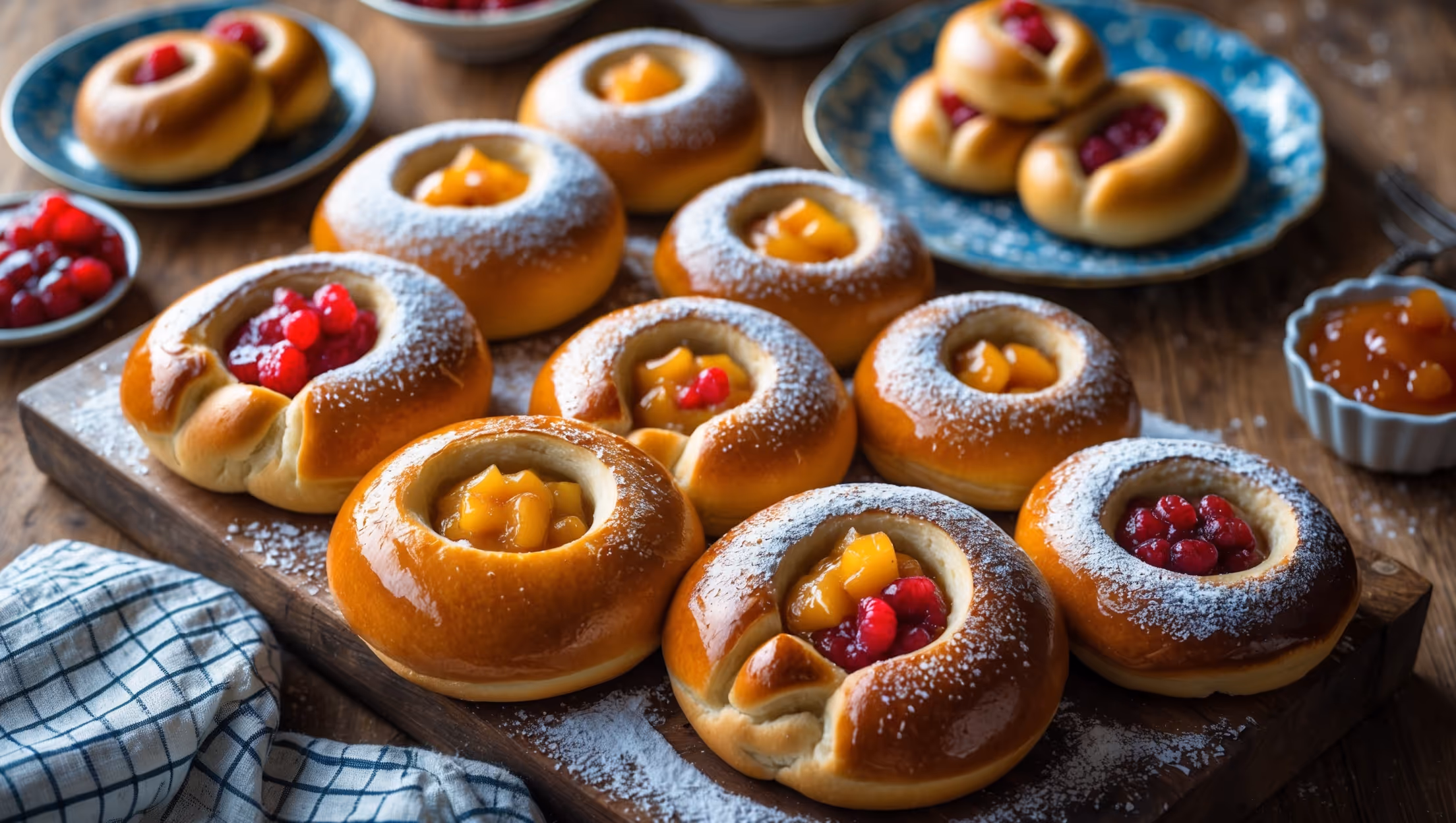 An overhead shot of freshly baked kolaches arranged on a rustic wooden board, capturing their golden-brown tops with colorful fruit fillings nestled in their centers. Soft natural morning light highlights the glossy sheen on their surface, while a dusting of powdered sugar creates beautiful contrast against the rich, amber-colored dough. In the background, a vintage blue ceramic plate holds a few kolaches with cheese and sausage fillings, showcasing both sweet and savory varieties. A small bowl of extra fruit preserves and a checkered linen napkin add warmth to the composition, emphasizing the homemade, comforting nature of these Czech pastries.