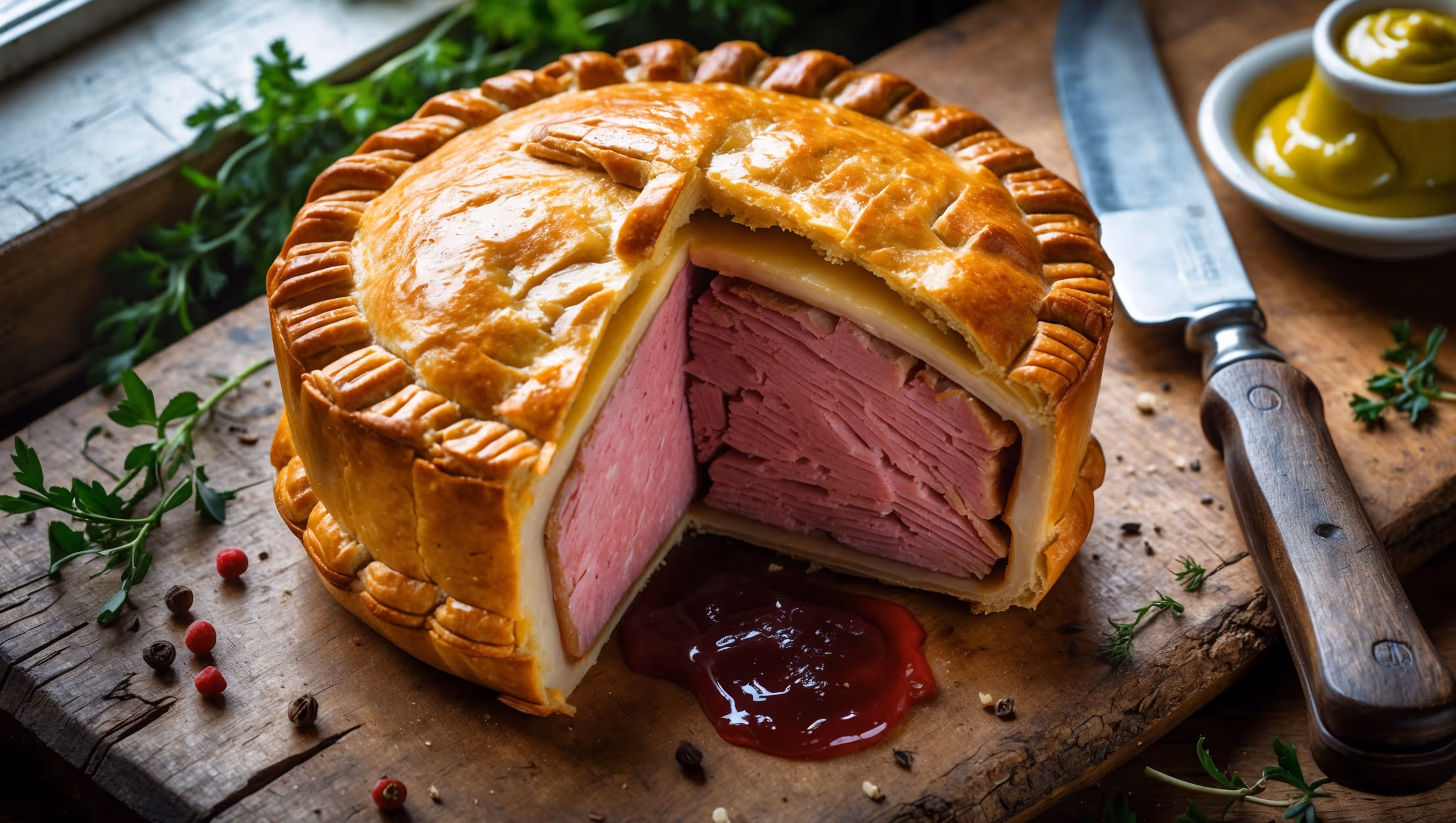 An overhead shot of a golden-brown pork pie with its distinctive raised crust standing proud on a rustic wooden board, sliced to reveal the succulent seasoned pork filling and translucent savory jelly. The natural window light highlights the flaky texture of the hot water crust pastry and the rich colors of the filling. Scattered around are fresh herbs, whole peppercorns, and a small ramekin of English mustard, while a vintage carving knife rests nearby. The cross-section shows the perfect layers: crisp, amber pastry, pink-hued meat filling, and the clear jelly that gives this traditional pie its signature moisture and flavor.