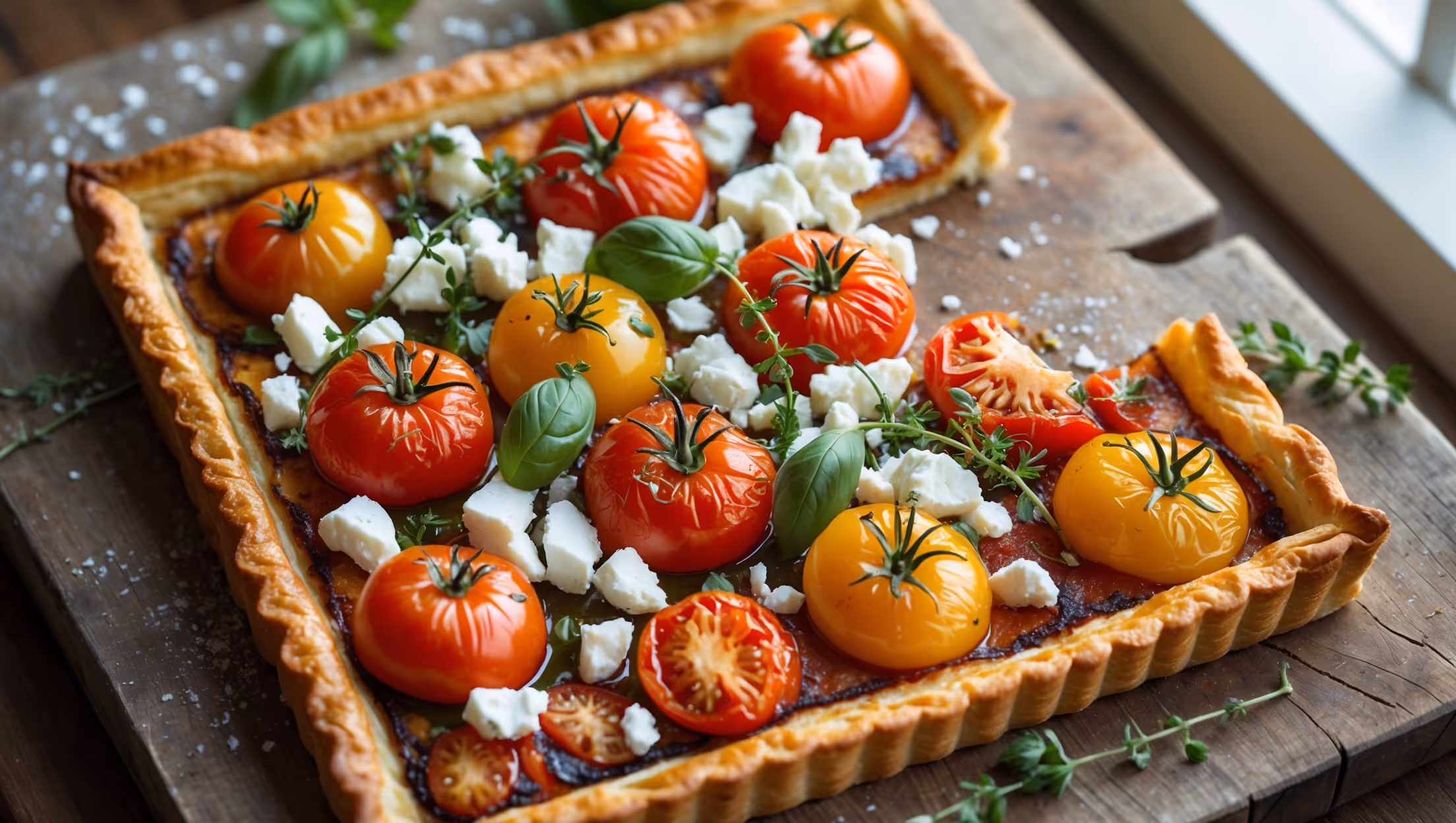 An overhead shot of the rectangular Tomato and Goat Cheese Tart resting on a rustic wooden serving board, captured in soft natural light streaming through a kitchen window. The tart showcases vibrant red and yellow tomatoes arranged in an artful pattern, their edges slightly caramelized with a glossy sheen from roasting. Crumbles of white goat cheese contrast beautifully against the colorful tomatoes, while sprigs of fresh thyme and basil add pops of green. The golden-brown puff pastry edge has risen beautifully, creating a frame for the ingredients. Some sea salt flakes glisten atop the tart, and a corner slice has been cut to reveal the flaky layers of pastry beneath the savory topping.