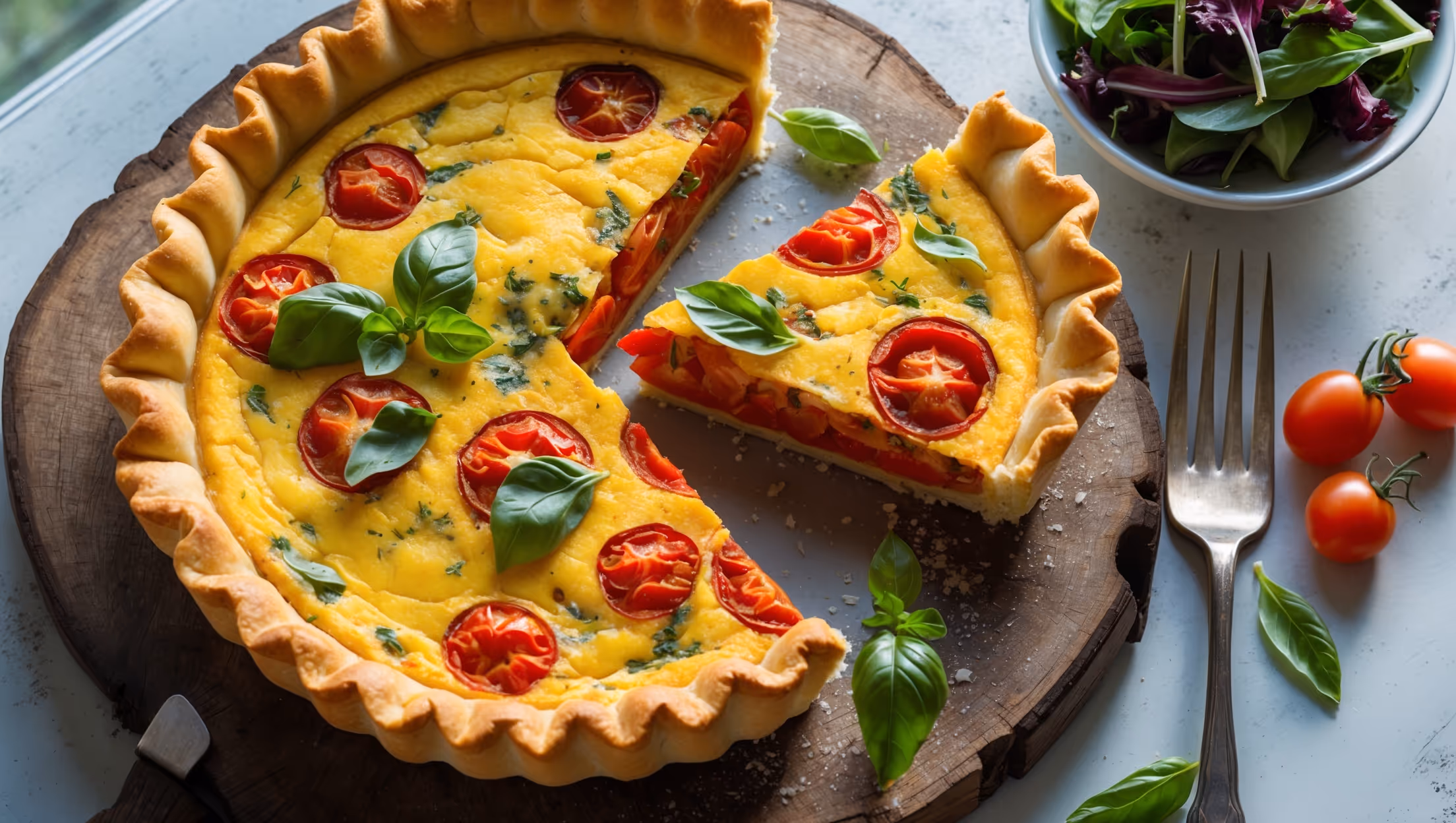 An overhead shot of the golden-brown quiche resting on a rustic wooden serving board, with a slice being lifted to reveal the custard interior studded with vibrant red tomatoes and flecks of green herbs. Natural window light catches the flaky, butter-rich crust edges, while a scattering of fresh basil leaves and cherry tomatoes decorates the serving area. A vintage fork rests alongside with a small bowl of mixed greens, suggesting a perfect lunch pairing. The crust shows perfect browning with visible layers, while the filling has set to a perfect wobble, with roasted tomatoes peeking through the surface.