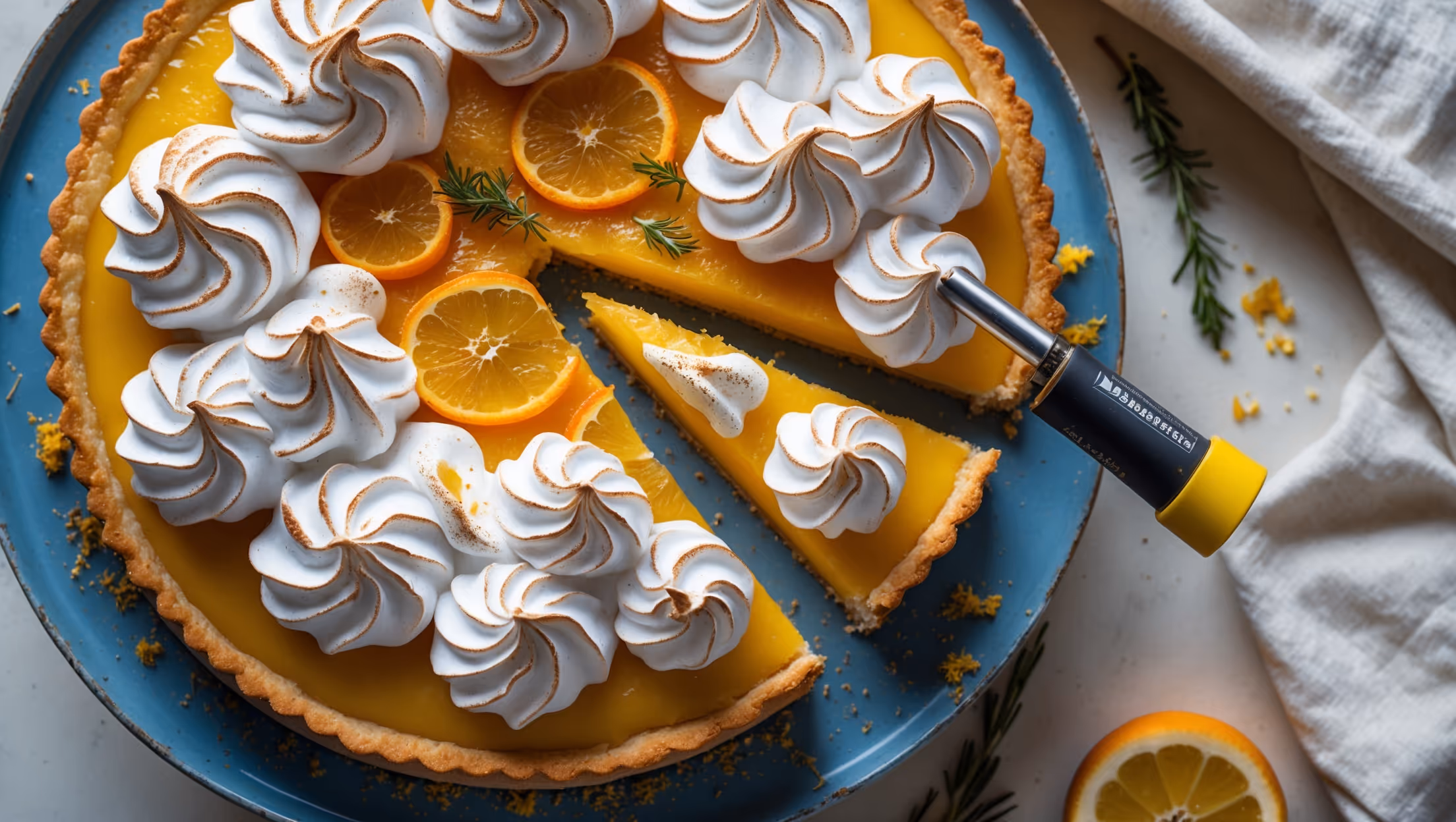 An overhead shot captures the dramatic Italian meringue peaks bronzed with a kitchen torch, their glossy white swirls and curls creating a mesmerizing landscape atop the vibrant yellow-orange citrus filling. A cross-section view reveals distinct layers: the golden-brown flaky pastry, the silky triple-fermented citrus curd glowing with amber hues, and the cloud-like meringue topping. Styled on a vintage blue ceramic cake stand against a neutral linen backdrop, with scattered citrus slices, fresh herbs, and a light dusting of zest adding color contrast. Soft natural light streams from the side, highlighting the textural differences between the crisp pastry, smooth filling, and airy meringue peaks.