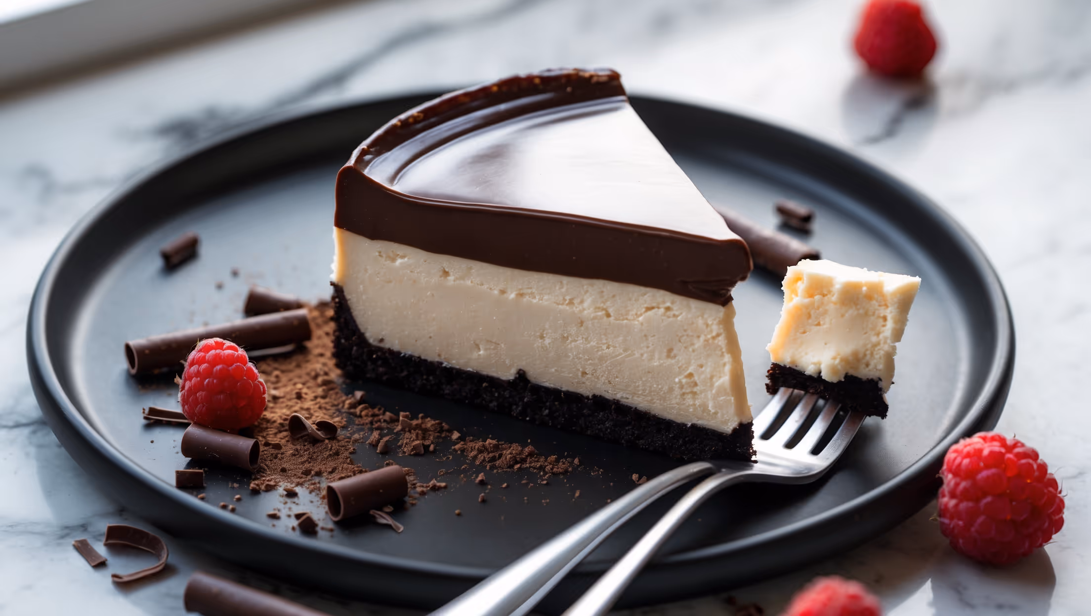An overhead shot of a perfectly sliced Triple Chocolate Cheesecake revealing its distinct three chocolate layers - the dark chocolate cookie crust, creamy milk chocolate cheesecake filling, and glossy dark chocolate ganache topping. The slice sits on a matte black plate against a marble surface, with soft window light highlighting the sheen of the ganache. Scattered around the base are chocolate curls, cocoa powder, and a few fresh raspberries providing vibrant color contrast. A silver dessert fork rests beside the slice, with a tiny portion of the cheesecake captured on its tines, showcasing the silky texture and clean cut edge.
