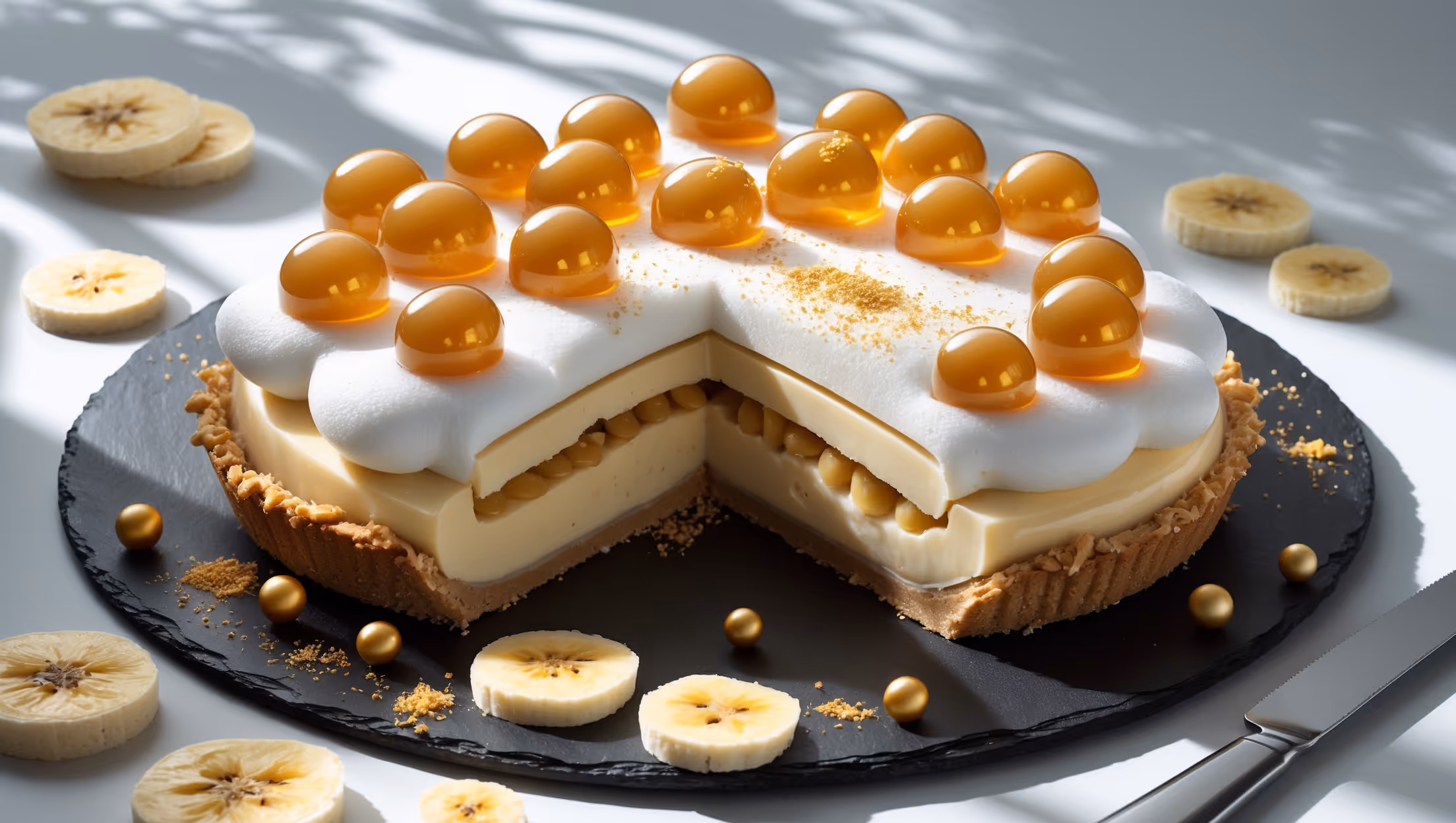 An overhead shot captures the architectural beauty of this triple-layer banana cream pie, with golden spherified caramel pearls glistening atop a cloud of vanilla bean foam. A cross-section reveals three distinct banana-infused layers: the buttery coconut-vanilla crust, creamy banana custard center, and translucent banana gel top layer. The pie rests on a minimalist black slate, with fresh banana slices and edible gold dust scattered deliberately alongside nitrogen-frozen banana chips. Soft diffused natural light highlights the varying textures while casting gentle shadows that emphasize the dimensional elements of the molecular components. A silver serving knife rests nearby, its tip revealing the perfect slice that showcases all three perfectly set layers.