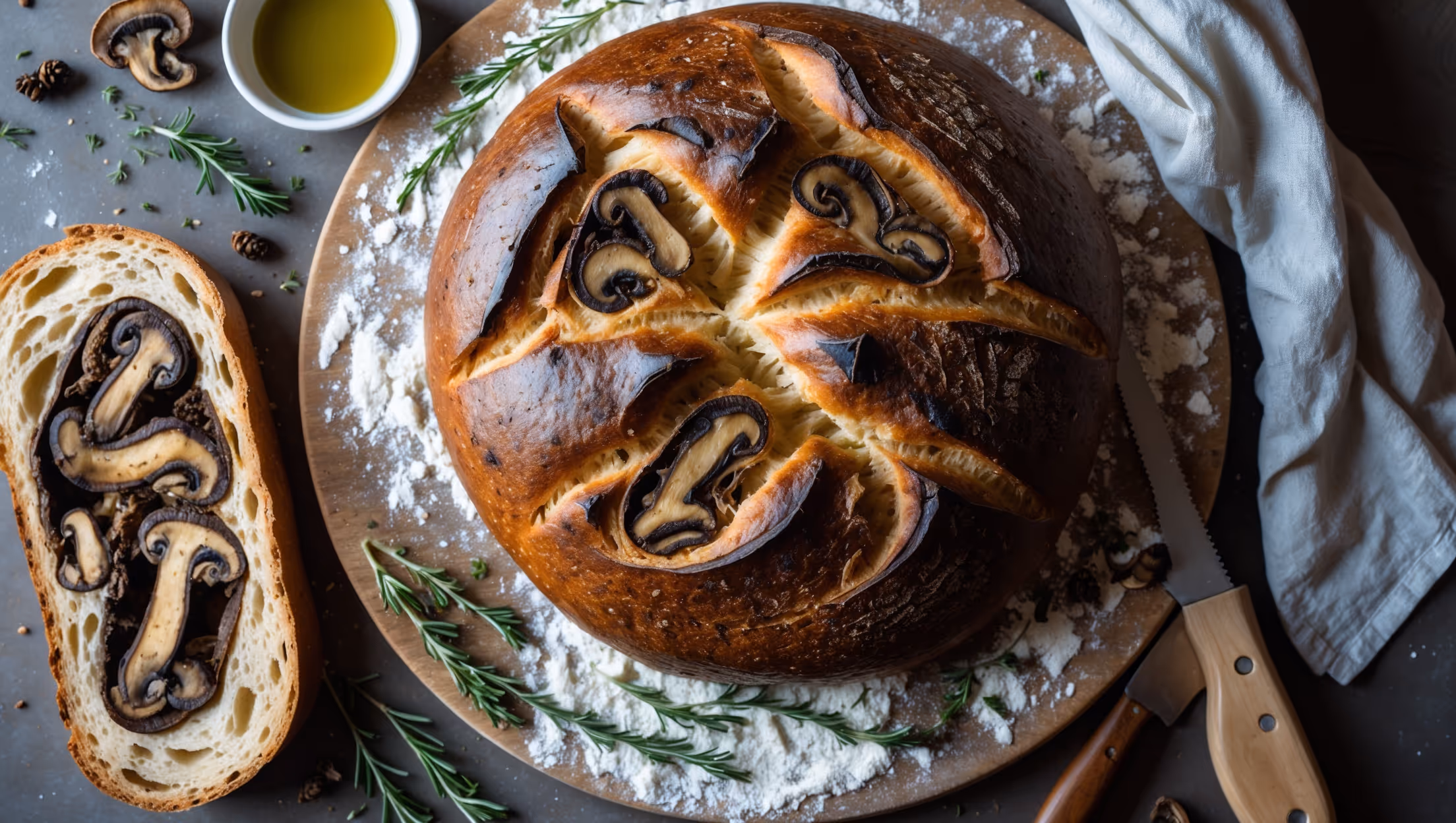An overhead shot of a rustic round loaf with a deeply caramelized crust showing dramatic scoring patterns that have opened during baking to reveal swirls of wild mushroom duxelles. A cross-section slice in the foreground displays the bread's open, irregular crumb structure with pockets of dark mushroom filling creating a marbled effect. The bread rests on a flour-dusted wooden board with scattered fresh herbs, dried porcini, and a small dish of extra virgin olive oil. Soft natural light streams in from the side, highlighting the bread's crackling crust and creating subtle shadows that emphasize its artisanal texture. A linen napkin and wooden knife complete the composition, enhancing the rustic, handcrafted aesthetic.