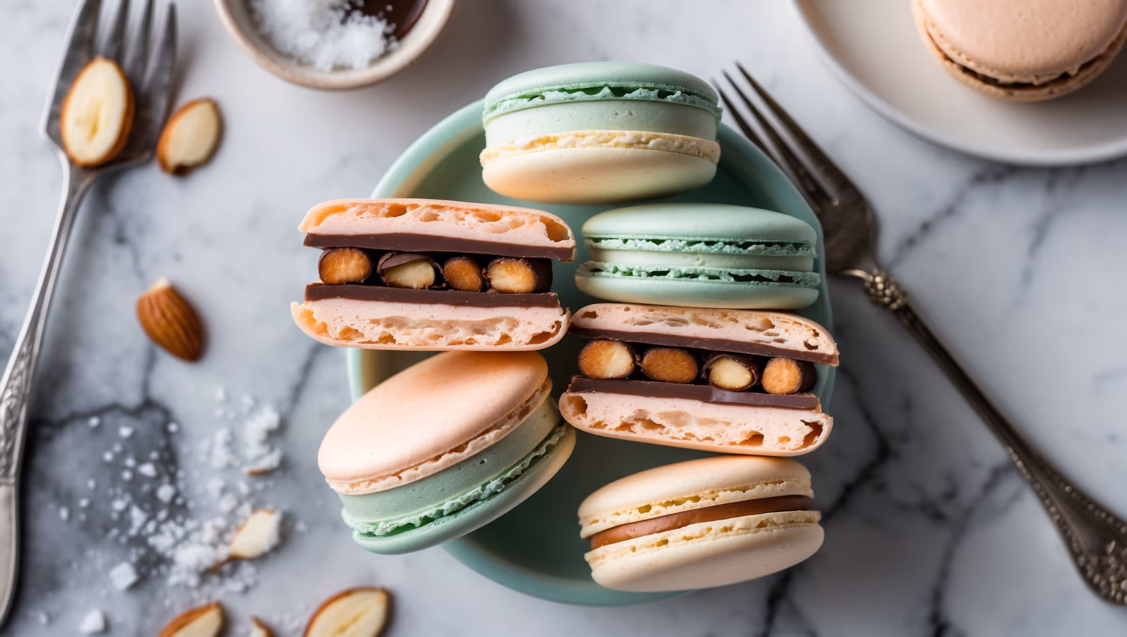 An overhead shot captures a tower of three perfectly formed macaron shells in pastel colors stacked with visible layers of contrasting fillings between each shell. A cross-section view reveals the delicate interior of the macaron shells with their characteristic "feet" and the distinct textural differences between the smooth chocolate ganache and the crunchy praline filling. Soft natural light highlights the glossy sheen of the macaron shells against a marble surface, with scattered almond slivers, a small bowl of sea salt, and a vintage silver dessert fork adding context. The styling emphasizes the architectural quality of the triple-layer composition while showcasing the precise piping work and the perfect balance of colors between shells and fillings.