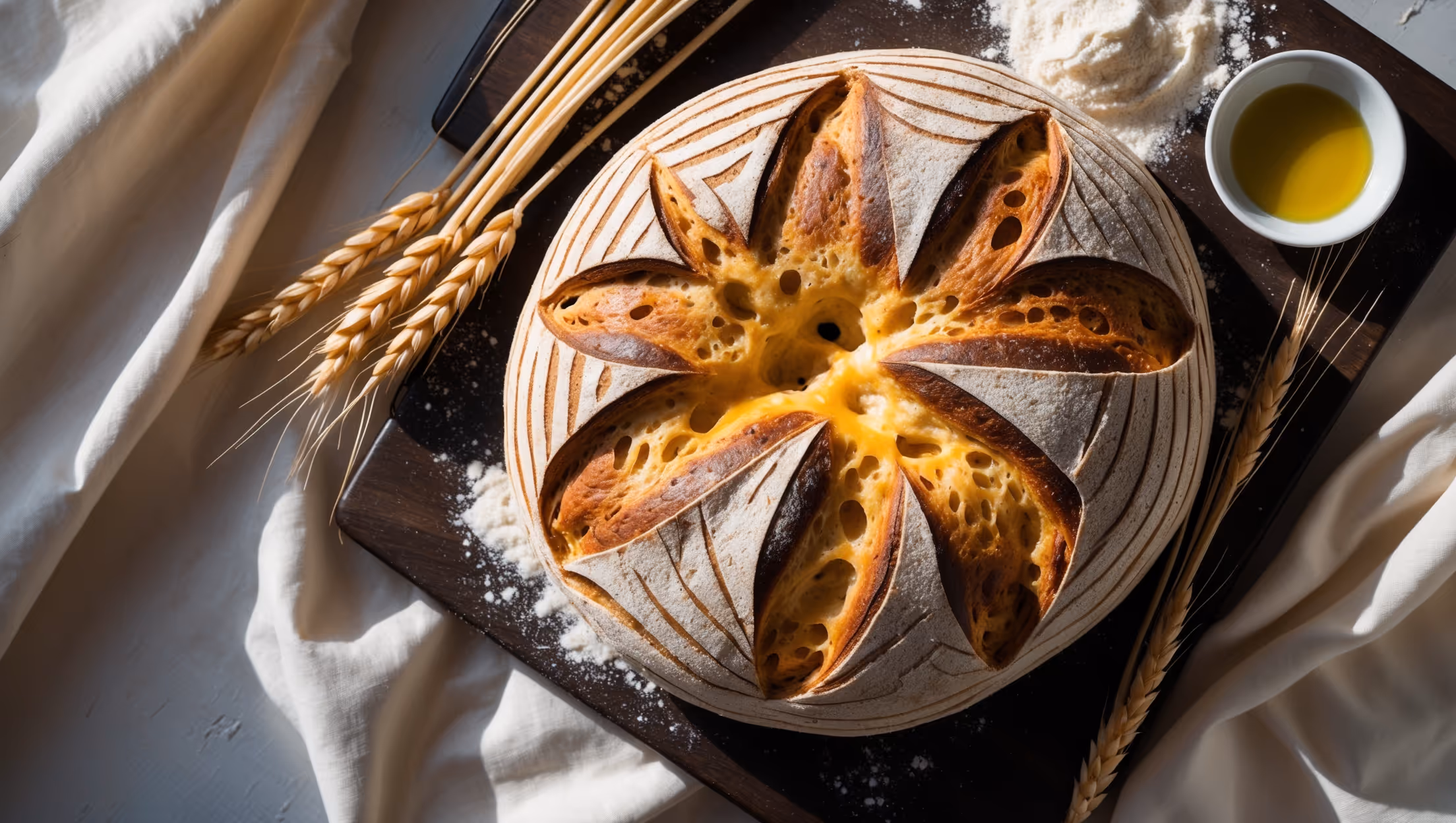 An overhead shot of a rustic Triple-Fermented Durum Wheat Bread with Biga showcasing its golden-brown crust with characteristic blisters and scoring patterns. A cross-section reveals an open, airy crumb structure with irregular holes surrounded by a creamy yellowish interior characteristic of durum wheat. The bread sits on a dark wooden board dusted with semolina flour, with a few wheat stalks and a small bowl of extra virgin olive oil positioned nearby. Soft natural light streams in from the side, highlighting the bread's textural contrasts and casting gentle shadows that emphasize its artisanal quality.