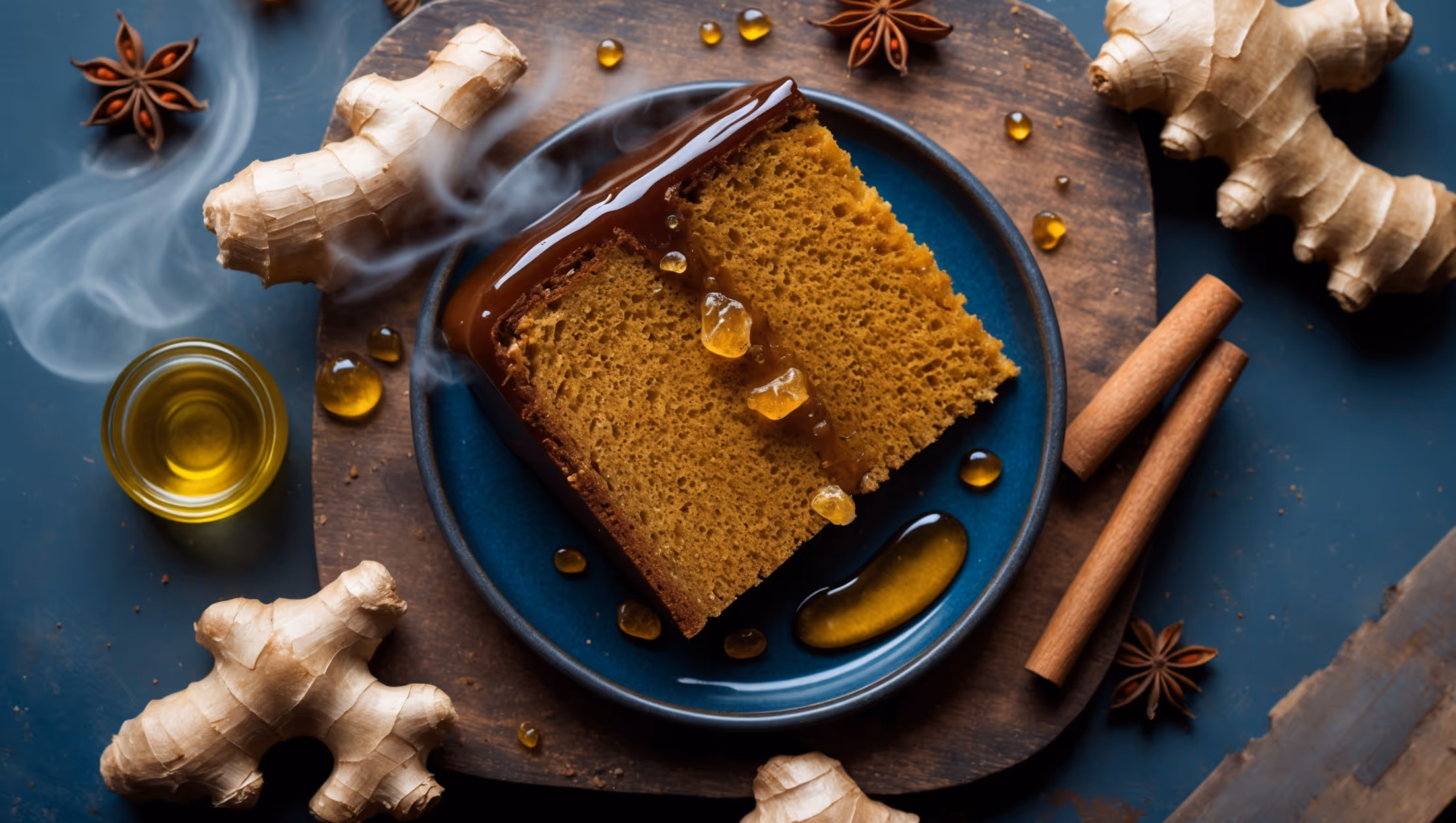 An overhead shot of a rustic square slice of deep amber-colored ginger cake sitting on a weathered wooden board, its crumb moist and studded with crystallized ginger pieces that catch the soft natural light. A cross-section view reveals the cake's tender structure while a drizzle of golden ginger-infused oil creates glossy pools that glisten atop the cake. Scattered around are fresh ginger root pieces, whole star anise, and cinnamon sticks, with a small glass bottle of the sous vide infused oil positioned nearby. The warm, spiced hues of the cake contrast beautifully with the deep blue ceramic plate underneath, while wisps of steam suggest the cake is freshly baked.