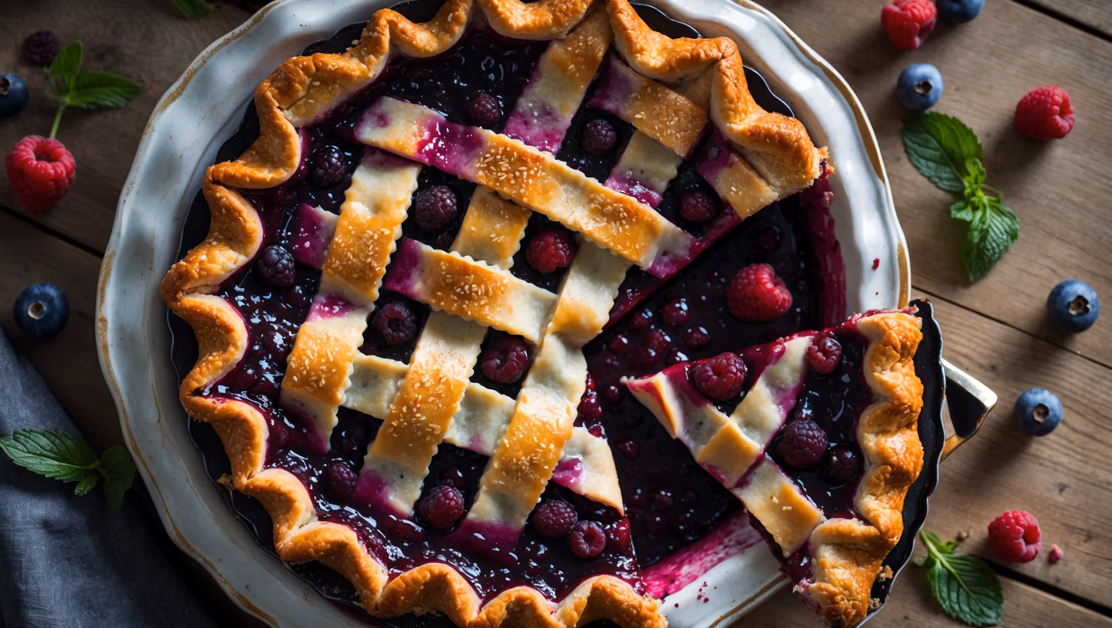 An overhead shot of the Triple Berry Pie showcasing its intricate lattice top glistening with sugar crystals and caramelized berry juices bubbling through the gaps. The golden-brown crust contrasts beautifully with the deep purple-red filling peeking through. In soft natural light, the pie rests on a vintage white ceramic plate atop a rustic wooden table scattered with fresh berries and mint leaves. A slice has been removed, revealing the perfect balance between jammy berry filling and flaky crust, with rich berry juices just contained enough to hold their shape without being runny.