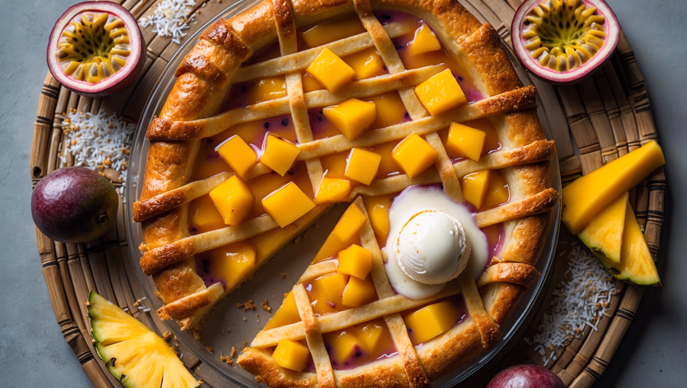 An overhead shot of a golden-brown lattice-topped pie, where vibrant yellow mango chunks and pineapple pieces peek through the gaps, glistening with a passion fruit glaze that catches the soft natural light. A slice has been removed, revealing the colorful fruit filling that maintains its structure without being runny. The pie sits on a weathered bamboo serving board, with fresh tropical fruits scattered artfully around - a halved passion fruit, pineapple slices, and mango wedges. Sprinkles of toasted coconut add texture and visual interest against the warm amber crust, while a dollop of vanilla bean ice cream slowly melts on the plated slice, creating an inviting contrast.