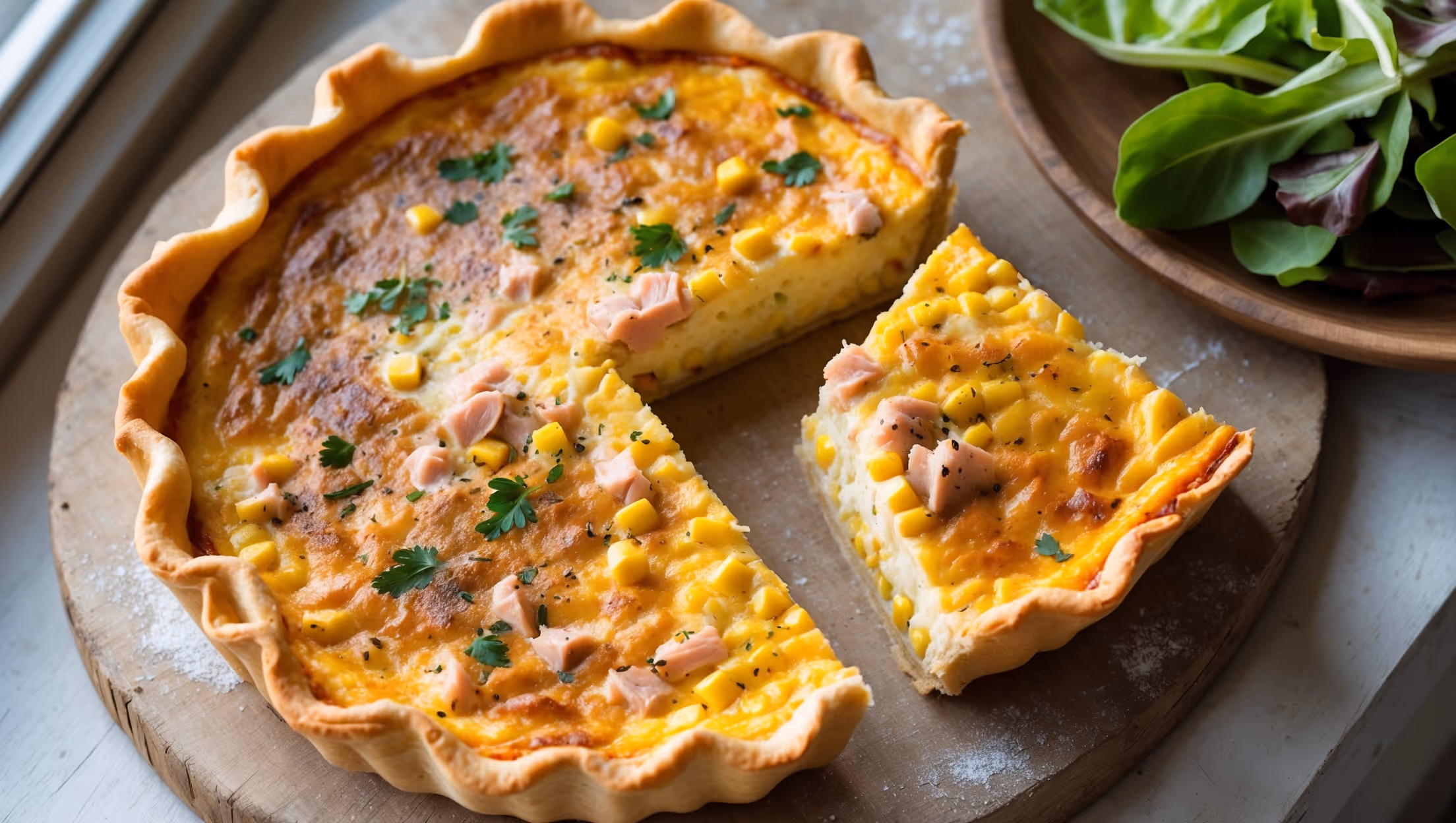 An overhead shot of a golden-brown Tuna and Sweetcorn Quiche, its surface dappled with flecks of fresh herbs and a perfect bronzed finish. A slice has been removed, revealing the moist, custard-like filling studded with chunks of tuna and bright yellow corn kernels. The quiche rests on a rustic wooden board beside a simple green salad, with soft natural light streaming in from a nearby window. The flaky, buttery crust shows distinct layers where it's been cut, and a sprinkle of black pepper adds visual contrast to the creamy center.
