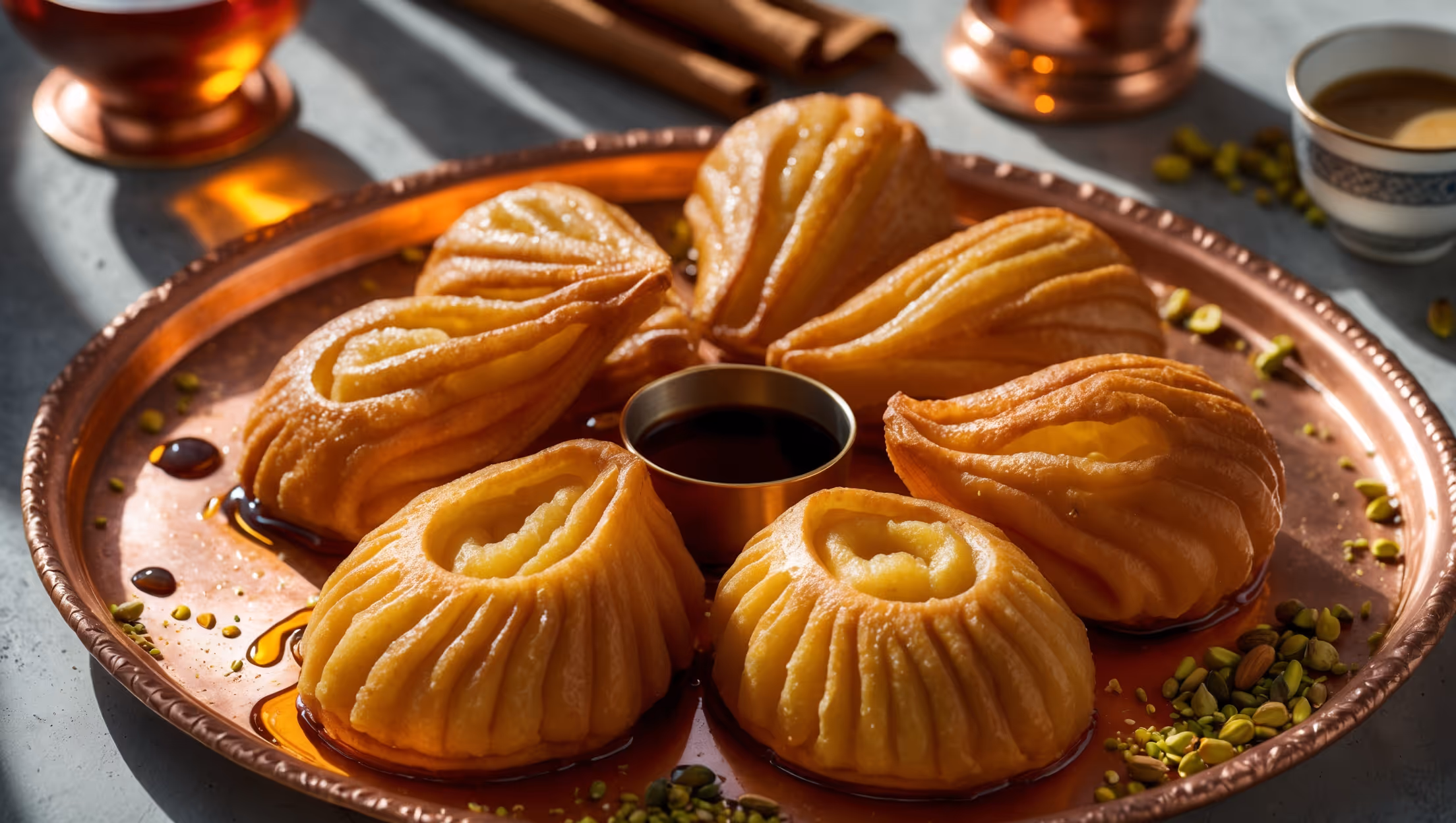 An overhead shot of golden-brown tulumba pastries glistening with syrup on a vintage copper serving platter. A cross-section view reveals the characteristic hollow center and delicate ridged texture. The warm, directional lighting highlights the syrup droplets and creates shadows emphasizing the pastry's distinctive shape. In the background, slightly blurred, sits a small copper pot of remaining syrup with a cinnamon stick and a scattering of crushed pistachios adds vibrant green accents to the amber-toned dessert. A traditional Turkish tea glass and small espresso cup complement the composition, suggesting the perfect accompaniment.