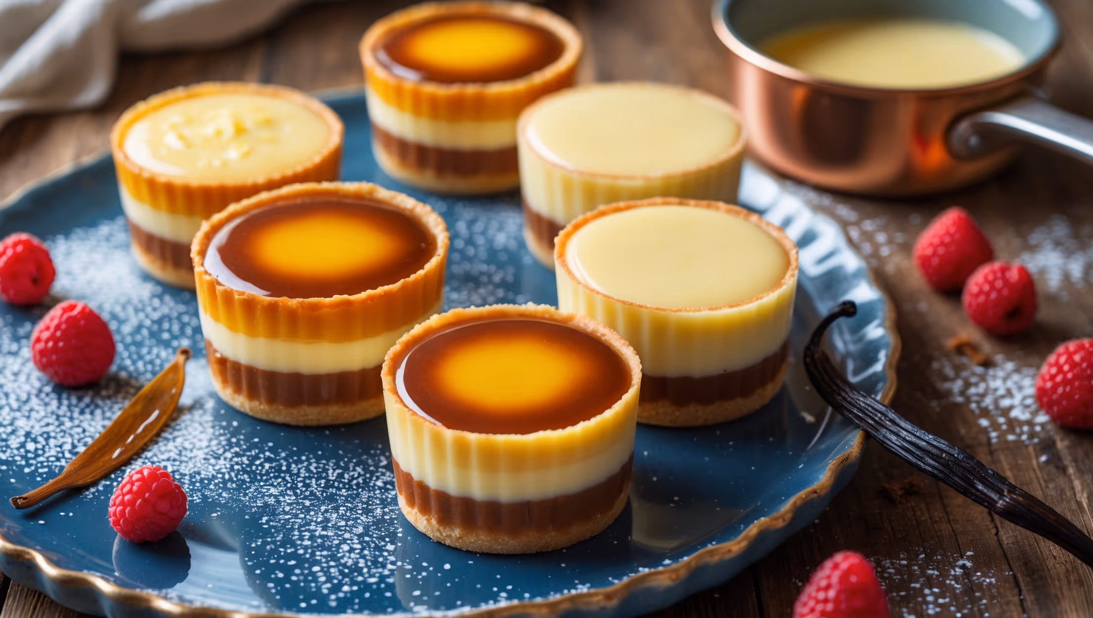 An overhead shot captures six perfectly golden Triple-Layered Temperature Gradient Custard Tarts arranged on a vintage blue ceramic platter. A cross-section view reveals the mesmerizing three-layer gradient: the bottom layer a rich amber caramel, the middle a sunny yellow vanilla, and the top a pale ivory chilled custard. Soft natural light streams in from the side, highlighting the glossy finish and delicate caramelization on the tarts' surfaces. A dusting of powdered sugar and fresh berries scattered artfully around the display adds bright pops of color against the rustic wooden table. A small copper saucepan with remnants of custard and a vanilla pod sits in the background, suggesting the homemade care that went into these elegant desserts.