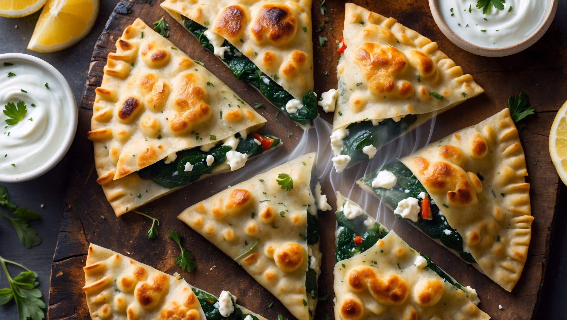 Overhead shot of golden-brown Turkish gözleme cut into triangular sections on a rustic wooden board, revealing the vibrant spinach and feta filling peeking through the edges. Soft natural light highlights the flaky, slightly bubbled exterior with visible charred spots from pan-frying. Small bowls of yogurt dip, lemon wedges, and scattered fresh herbs surround the flatbreads. A close-up view captures steam rising from a freshly cut piece, showing the melted cheese stretching as a portion is lifted away, with flecks of red pepper and herbs visible throughout the filling.