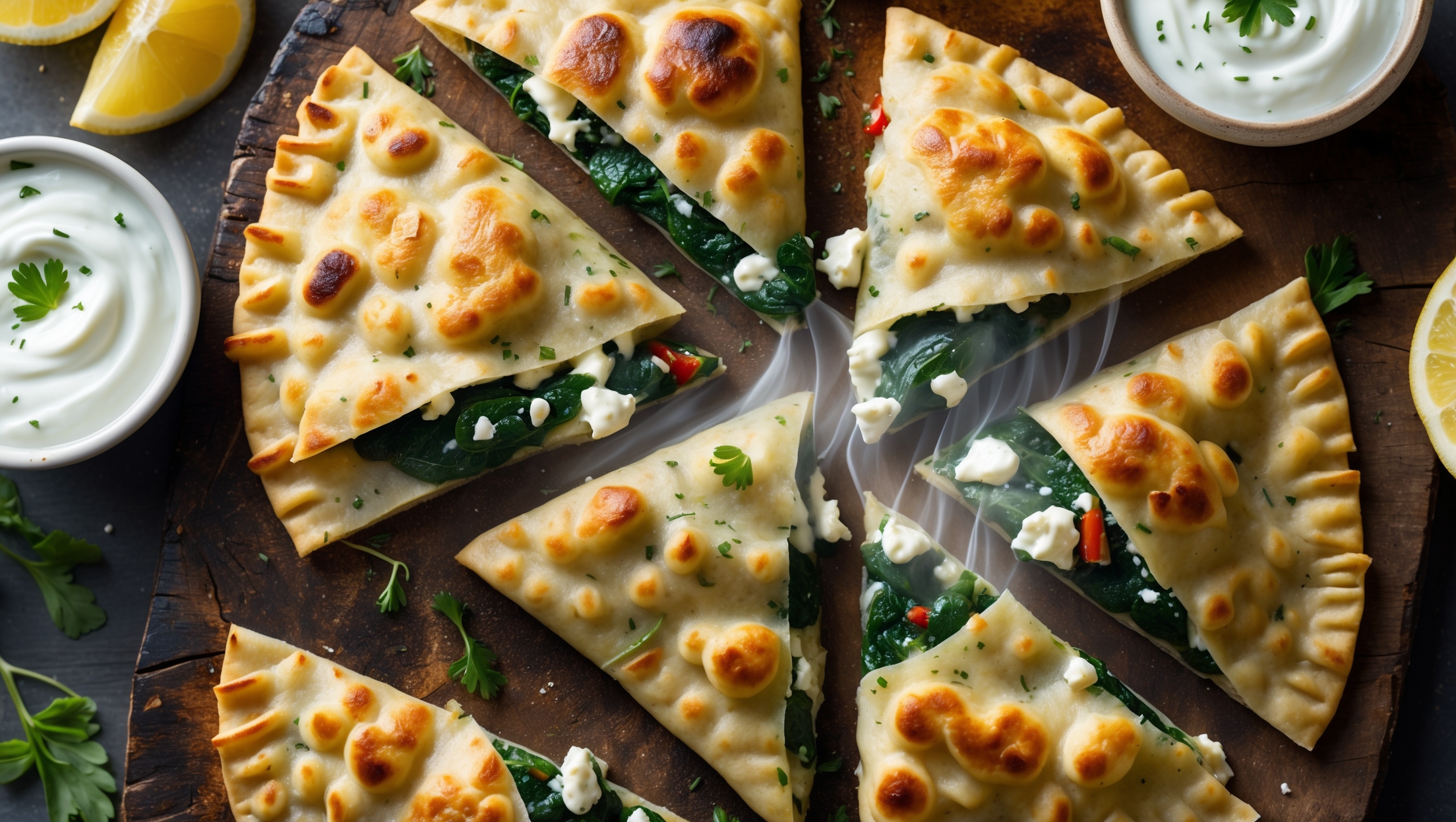 Overhead shot of golden-brown Turkish gözleme cut into triangular sections on a rustic wooden board, revealing the vibrant spinach and feta filling peeking through the edges. Soft natural light highlights the flaky, slightly bubbled exterior with visible charred spots from pan-frying. Small bowls of yogurt dip, lemon wedges, and scattered fresh herbs surround the flatbreads. A close-up view captures steam rising from a freshly cut piece, showing the melted cheese stretching as a portion is lifted away, with flecks of red pepper and herbs visible throughout the filling.
