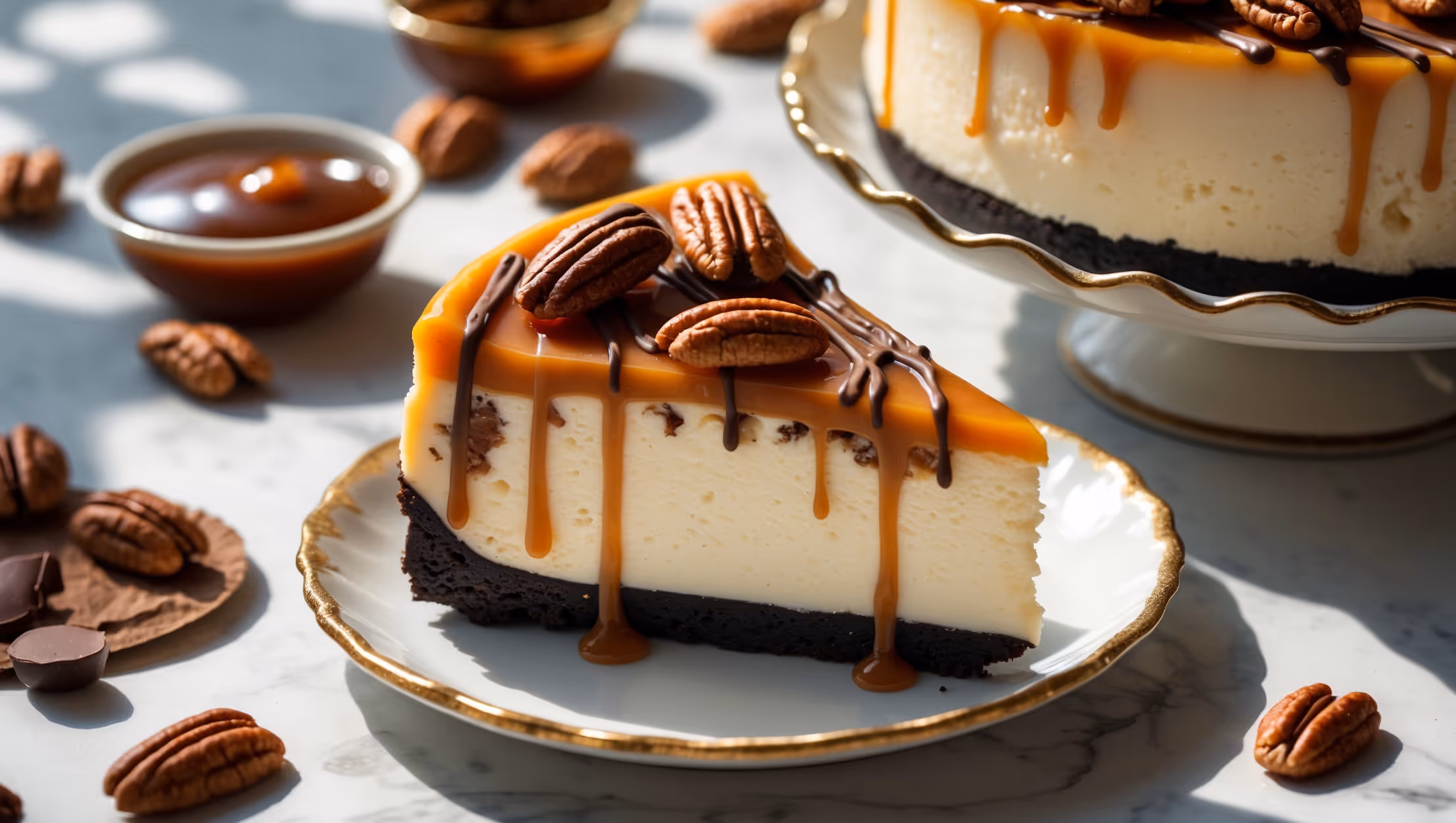 An overhead shot of a slice of Turtle Cheesecake on a white porcelain plate, revealing its perfect layers – a chocolate cookie crust, creamy vanilla cheesecake center, and glossy caramel topping studded with toasted pecans and dark chocolate drizzle. Soft natural light accentuates the glistening caramel and creates gentle shadows that highlight the cheesecake's silky texture. The background features scattered pecan halves, small bowls of caramel and melted chocolate, and a vintage cake stand holding the remaining cheesecake. The cross-section shows the pristine, velvety interior against the contrasting dark crust, with caramel slowly cascading down the sides.